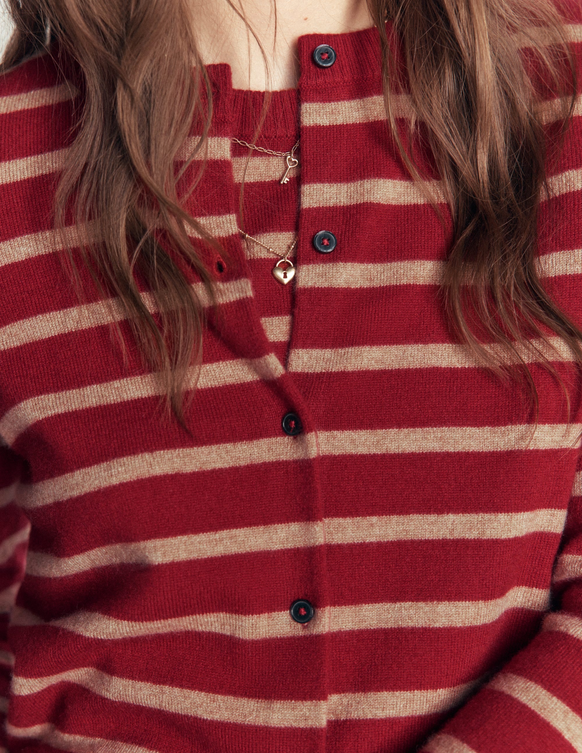 Elsie Cashmere Crew Cardigan-Poppy Red, Camel Stripe - Image 3