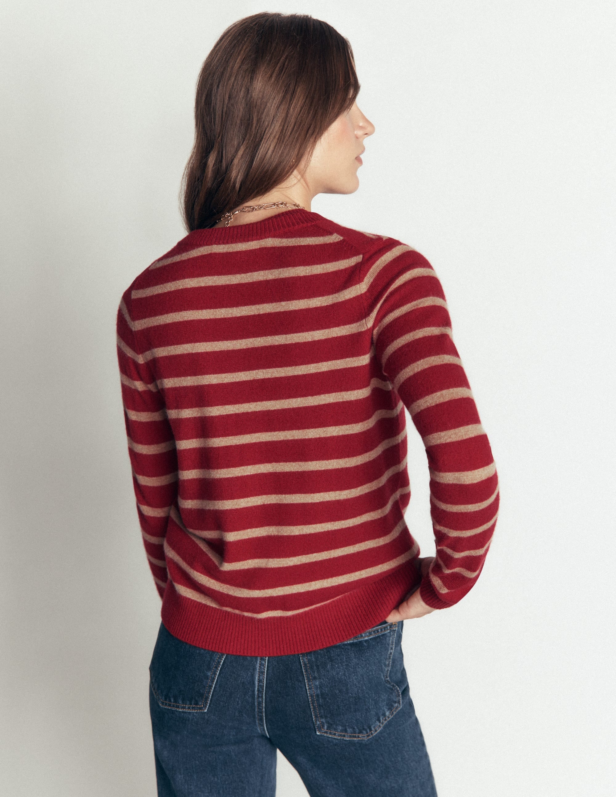 Elsie Cashmere Crew Cardigan-Poppy Red, Camel Stripe - Image 4