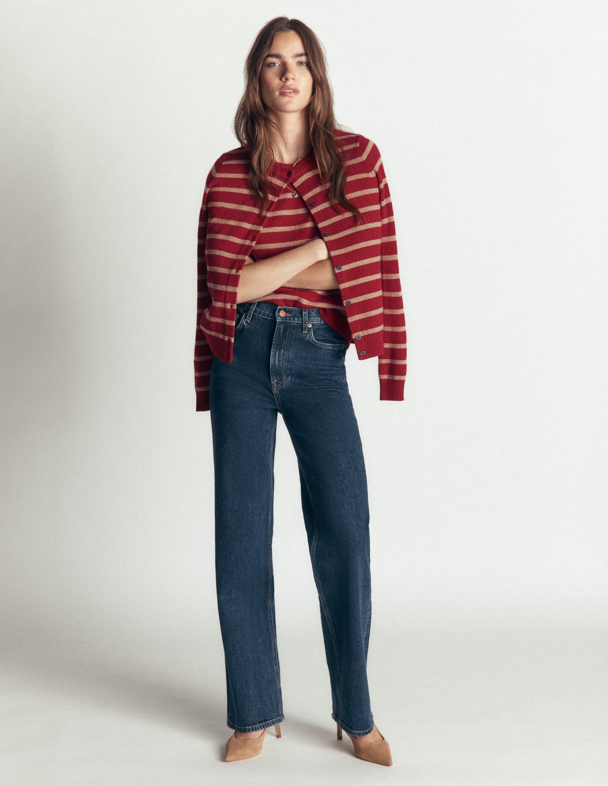 Elsie Cashmere Crew Cardigan-Poppy Red, Camel Stripe - Image 5