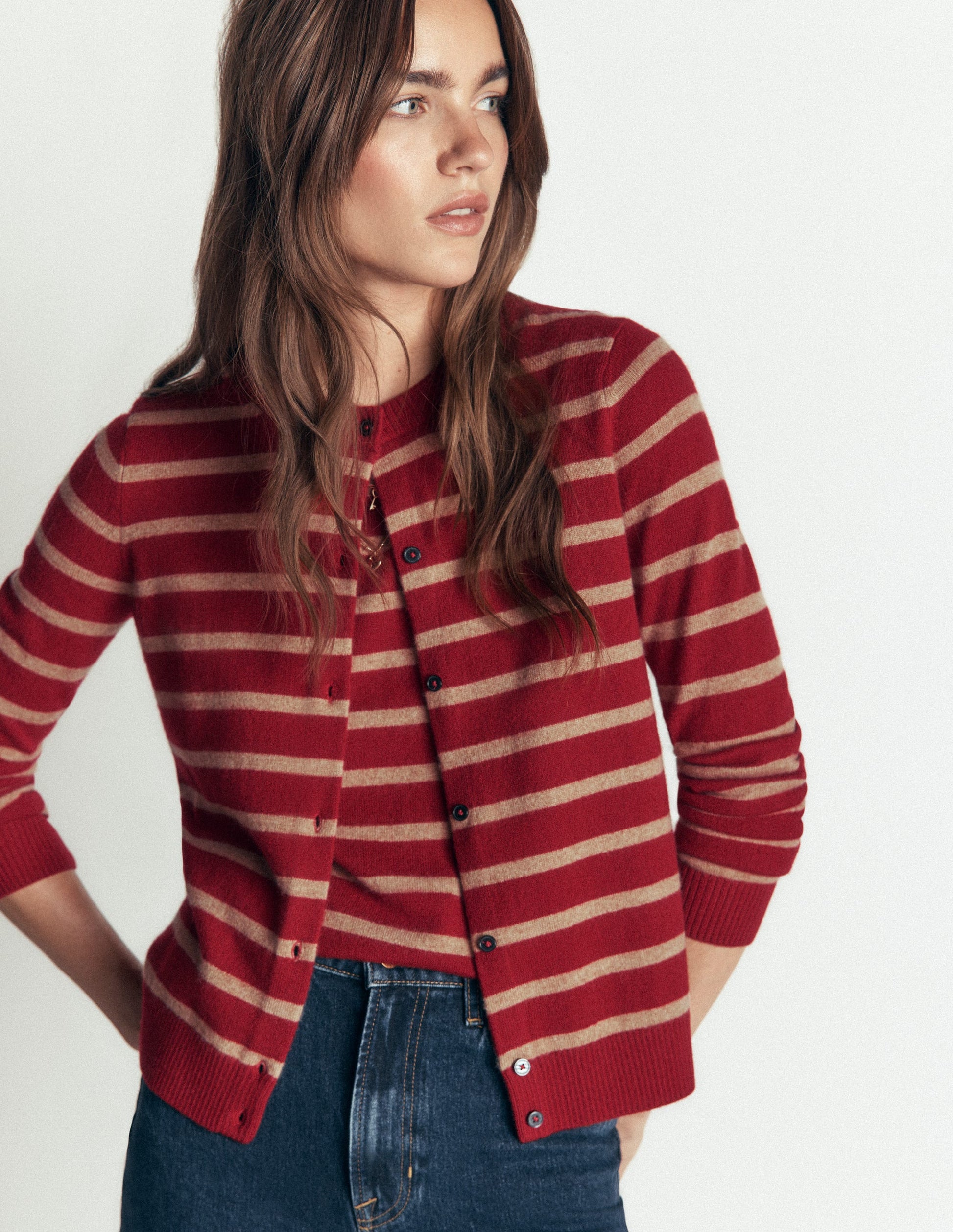 Elsie Cashmere Crew Cardigan-Poppy Red, Camel Stripe-6