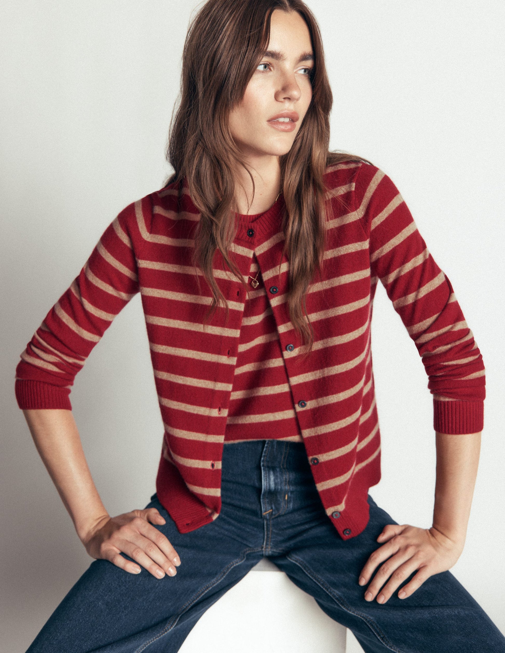 Elsie Cashmere Crew Cardigan-Poppy Red, Camel Stripe-7