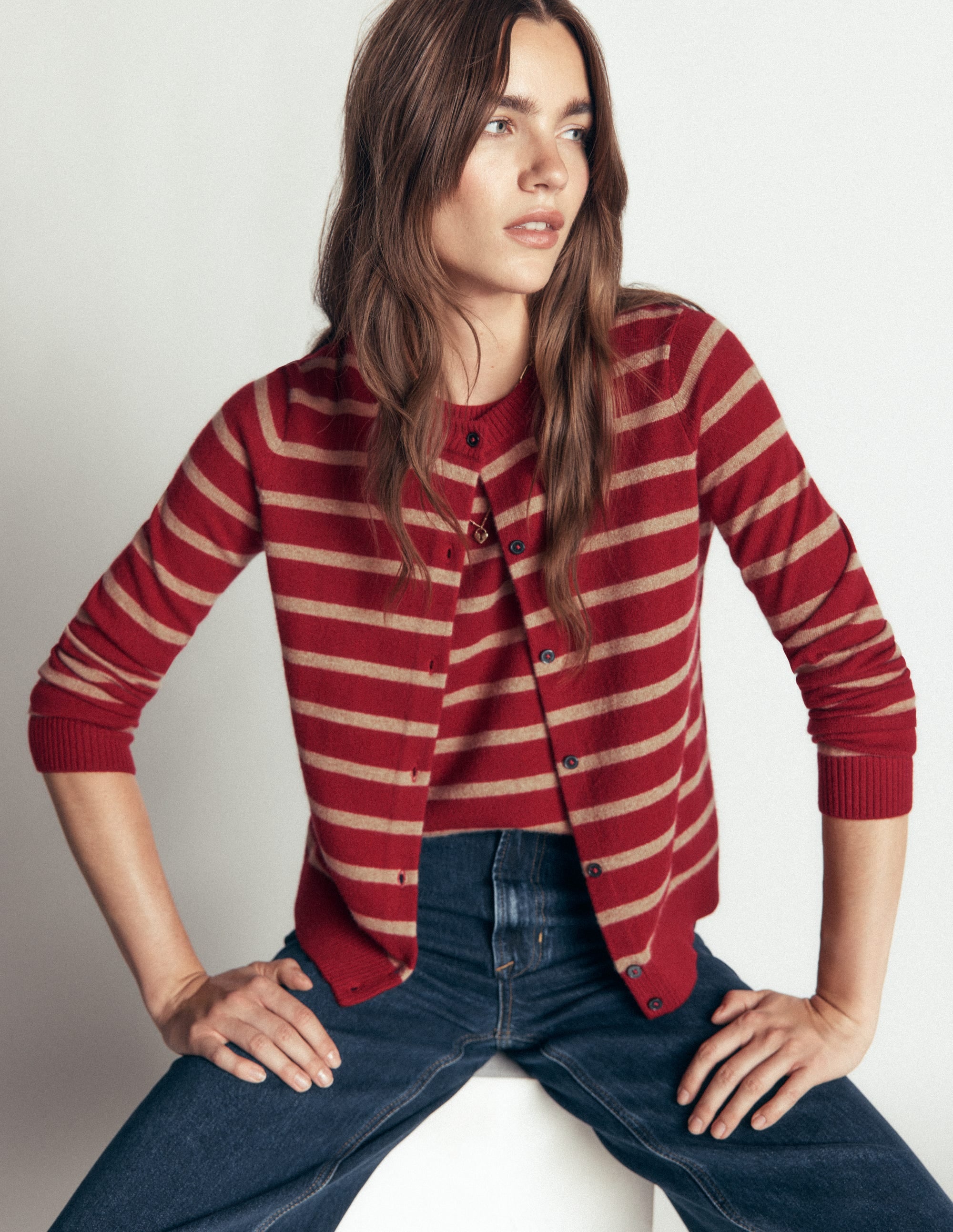 Elsie Cashmere Crew Cardigan-Poppy Red, Camel Stripe - Image 7