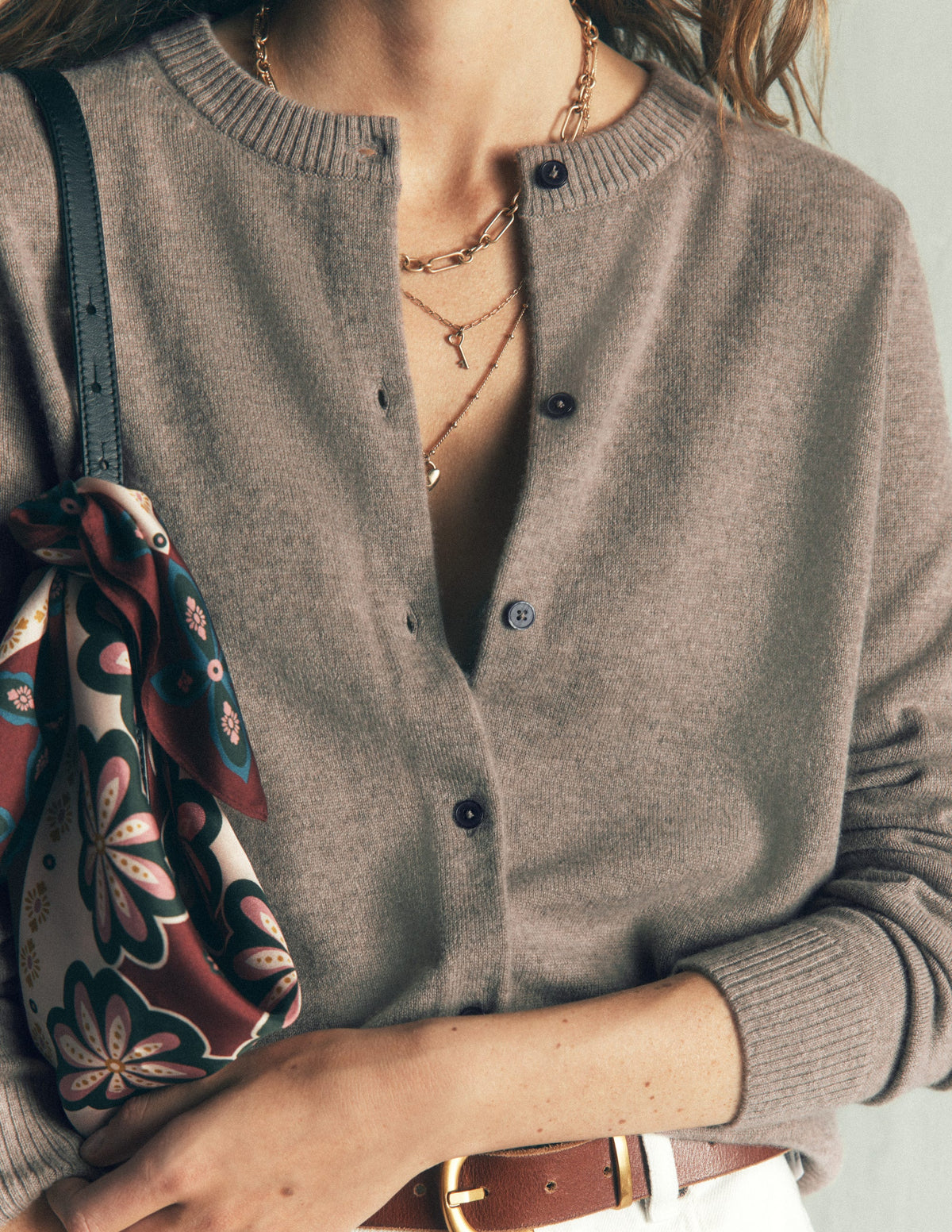 Elsie Cashmere Crew Cardigan-Mink Melange-2