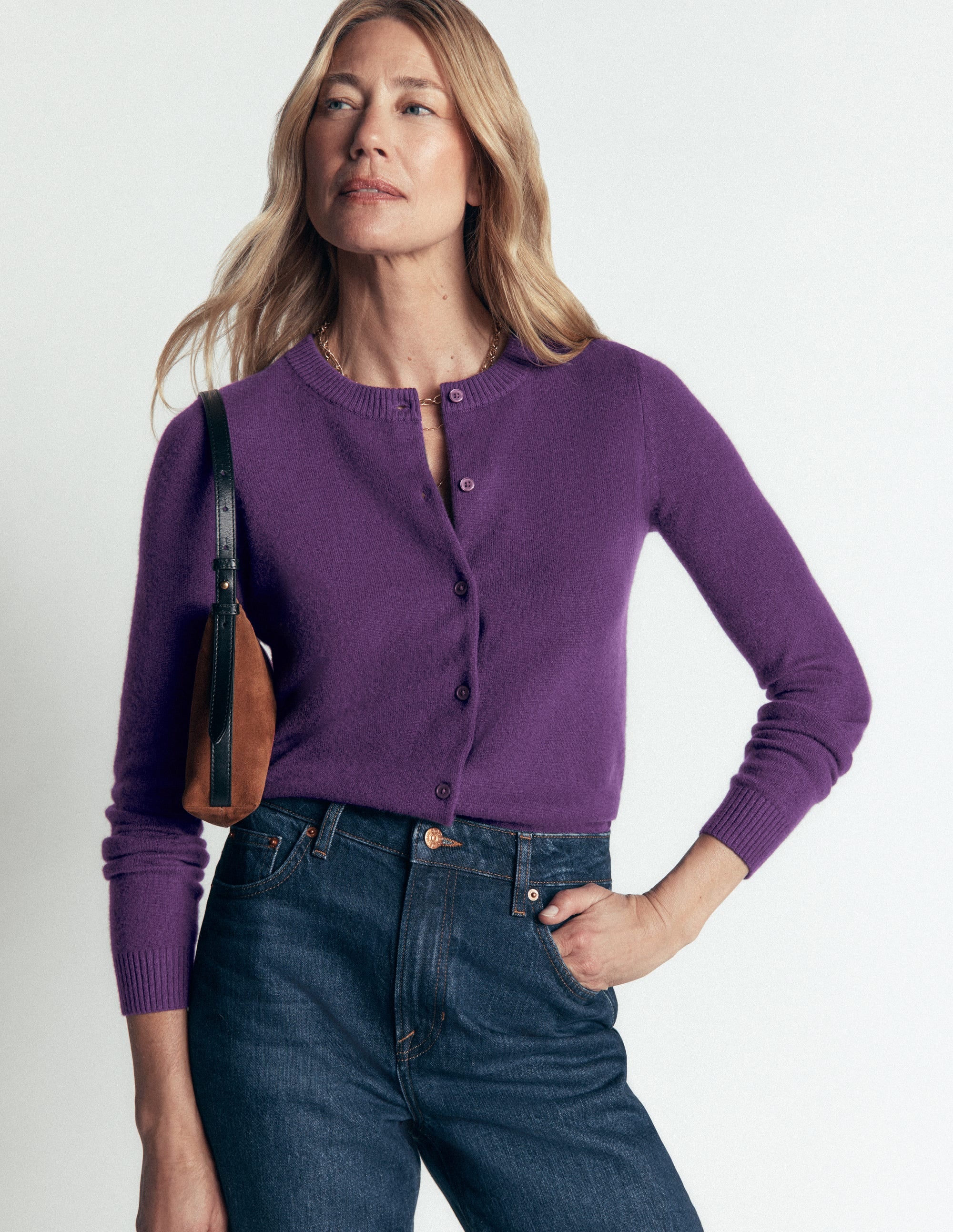 Elsie Cashmere Crew Cardigan-Deep Grape - Image 4