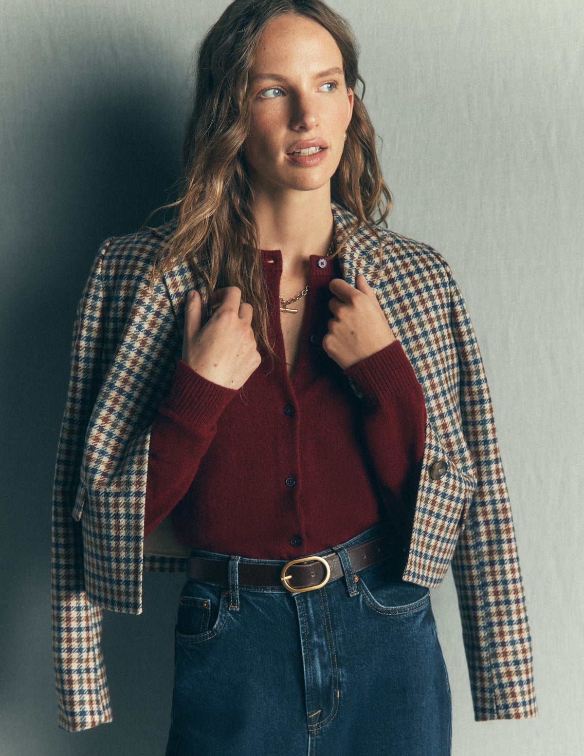 Elsie Cashmere Crew Cardigan-Deep Burgundy-1