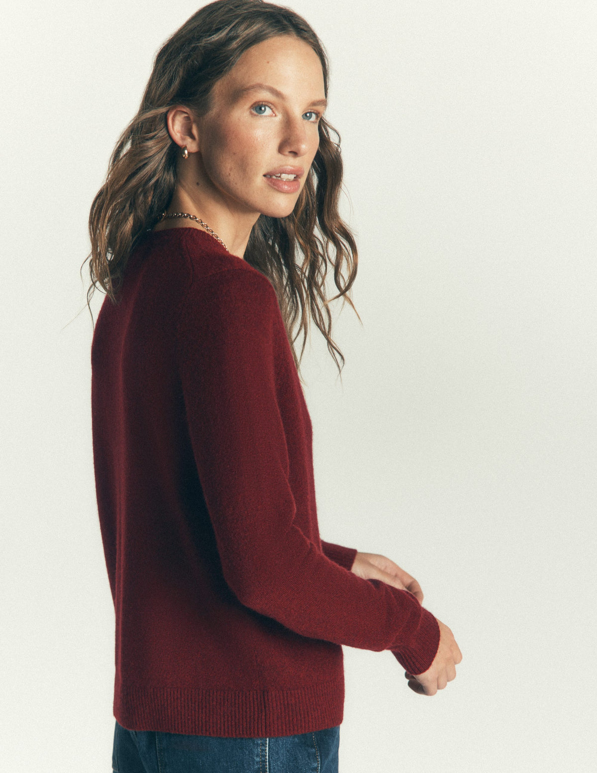 Elsie Cashmere Crew Cardigan-Deep Burgundy-3