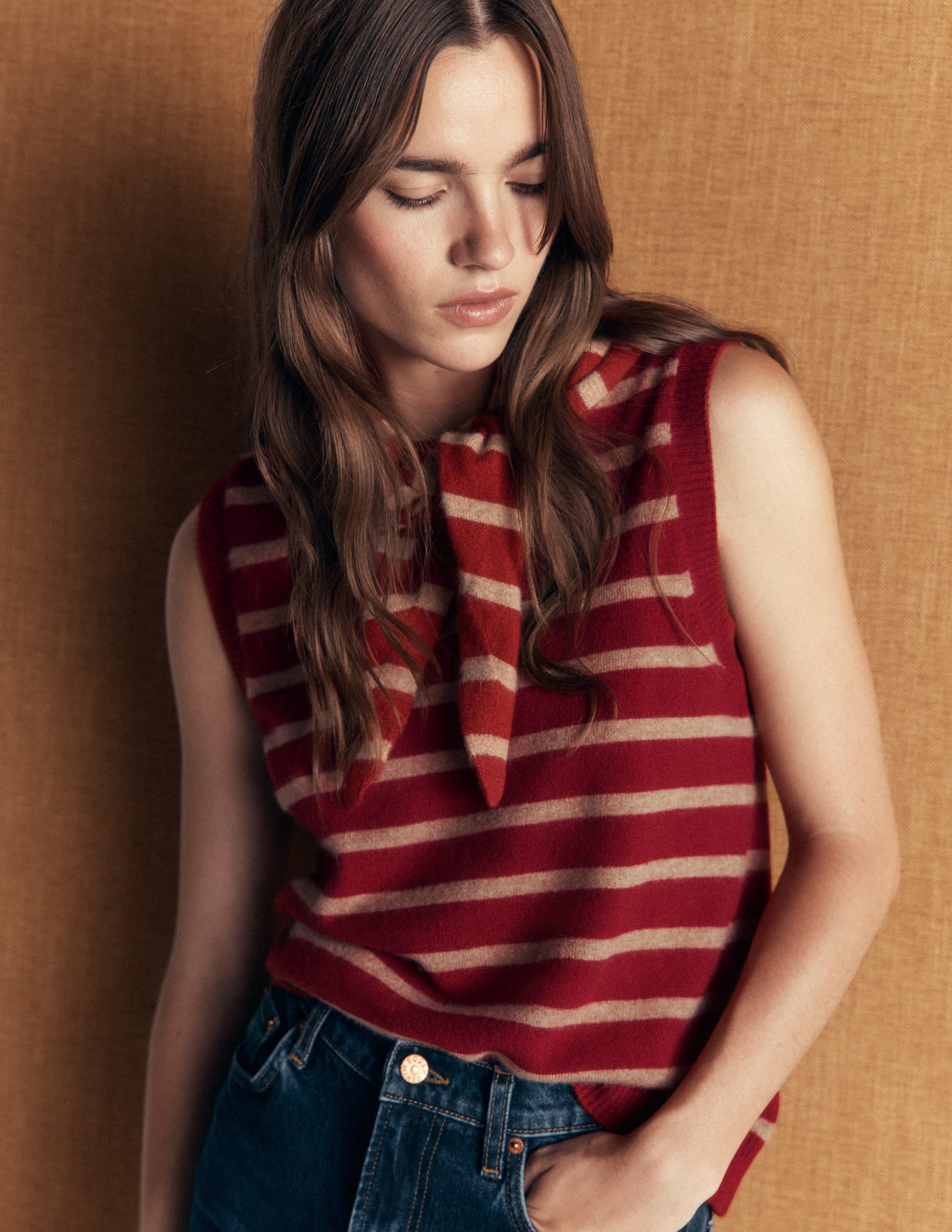 Elsie Cashmere Tank-Poppy Red, Camel Stripe - Image 2