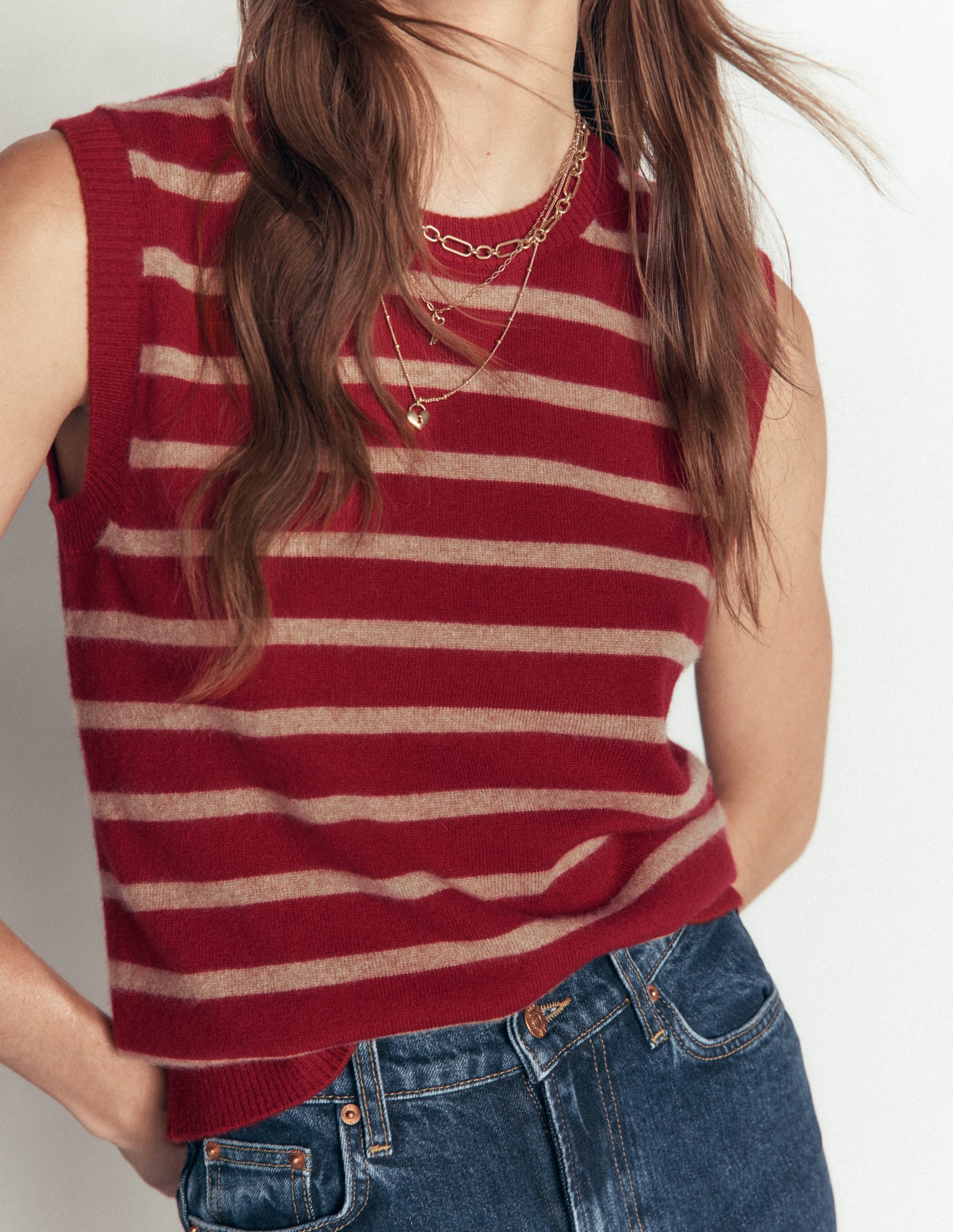 Elsie Cashmere Tank-Poppy Red, Camel Stripe - Image 3