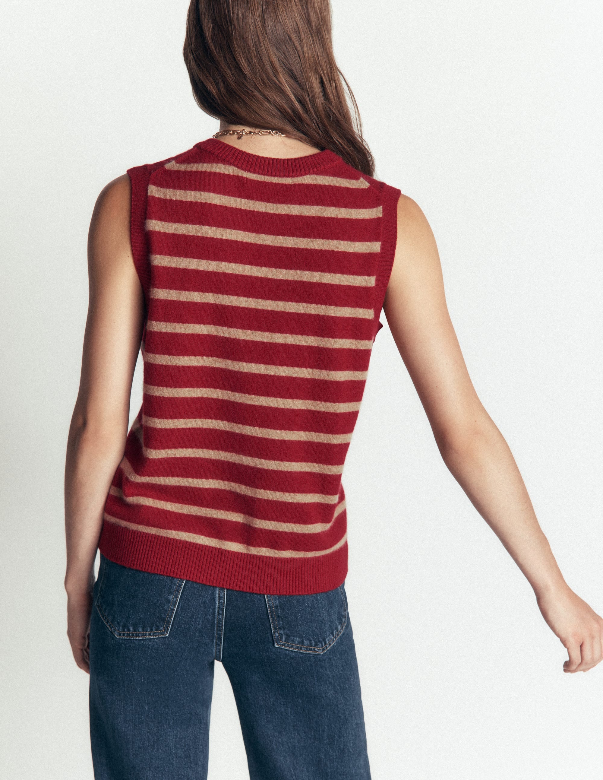Elsie Cashmere Tank-Poppy Red, Camel Stripe - Image 4