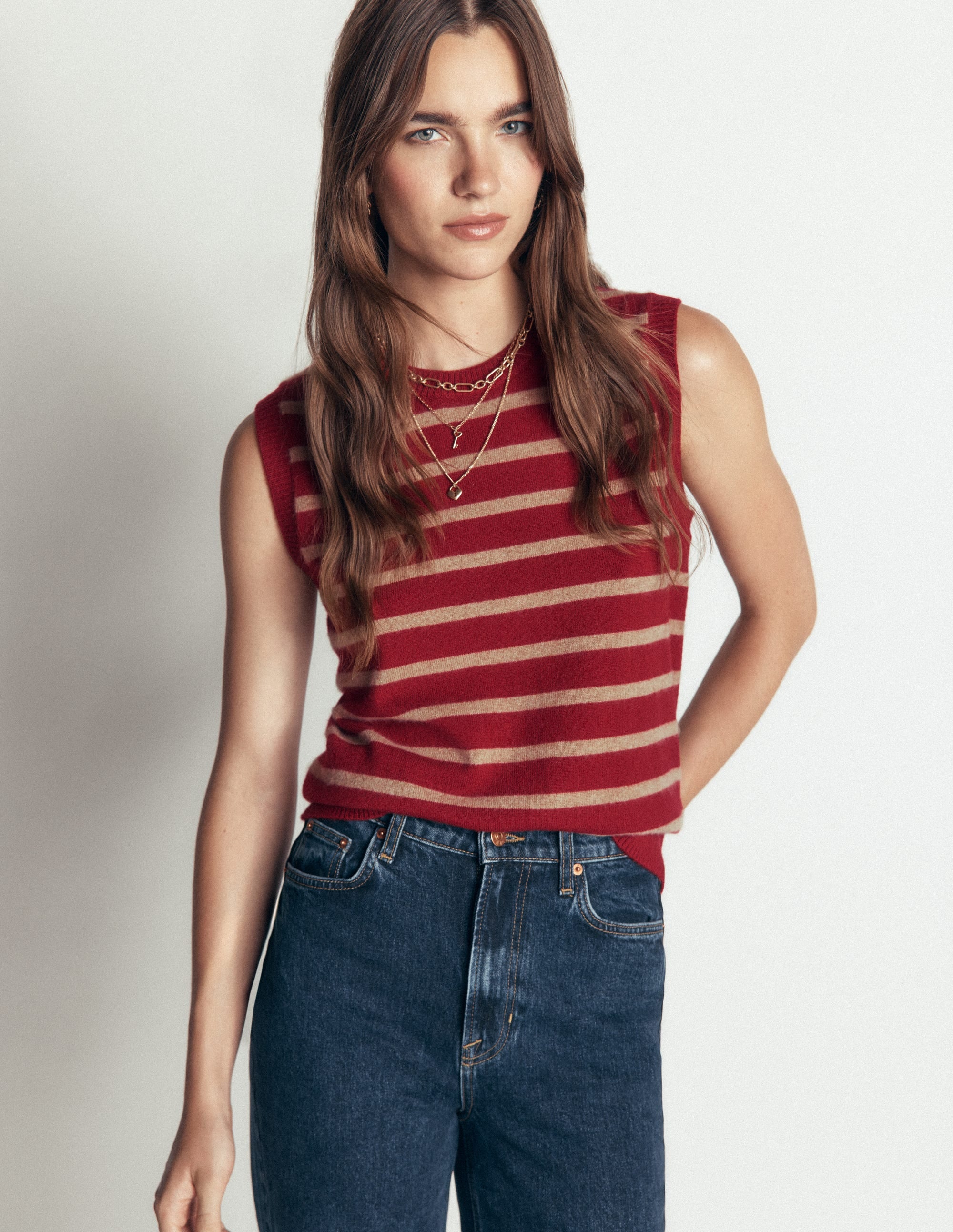 Elsie Cashmere Tank-Poppy Red, Camel Stripe - Image 5