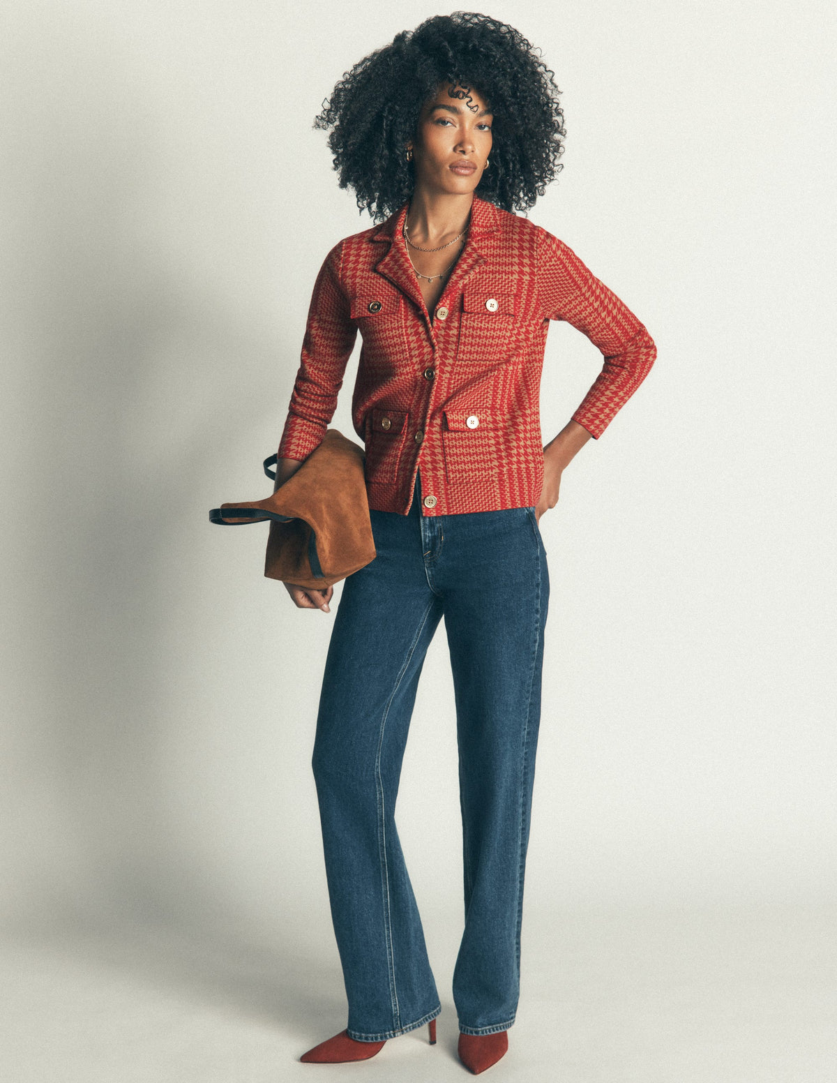 Phoebe Collared Knitted Jacket-Red, Camel check - Image 4