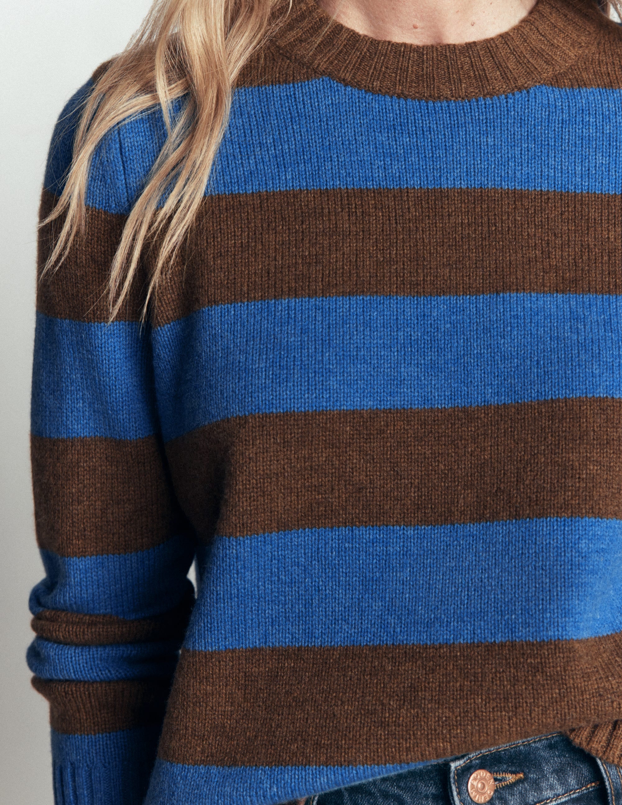 Marta Merino Wool Crew Jumper-Bitter Chocolate, Blue Stripe - Image 2