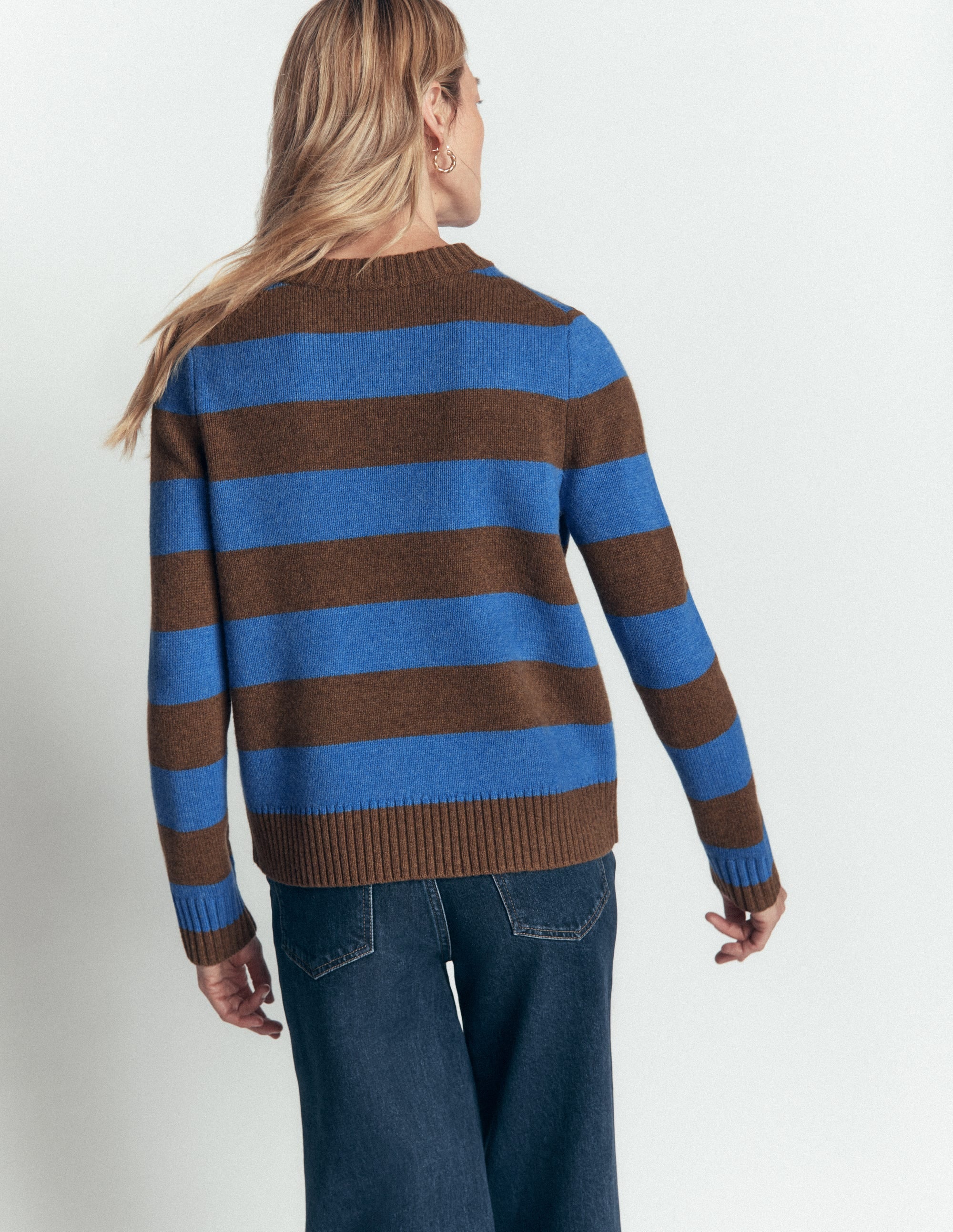 Marta Merino Wool Crew Jumper-Bitter Chocolate, Blue Stripe - Image 3