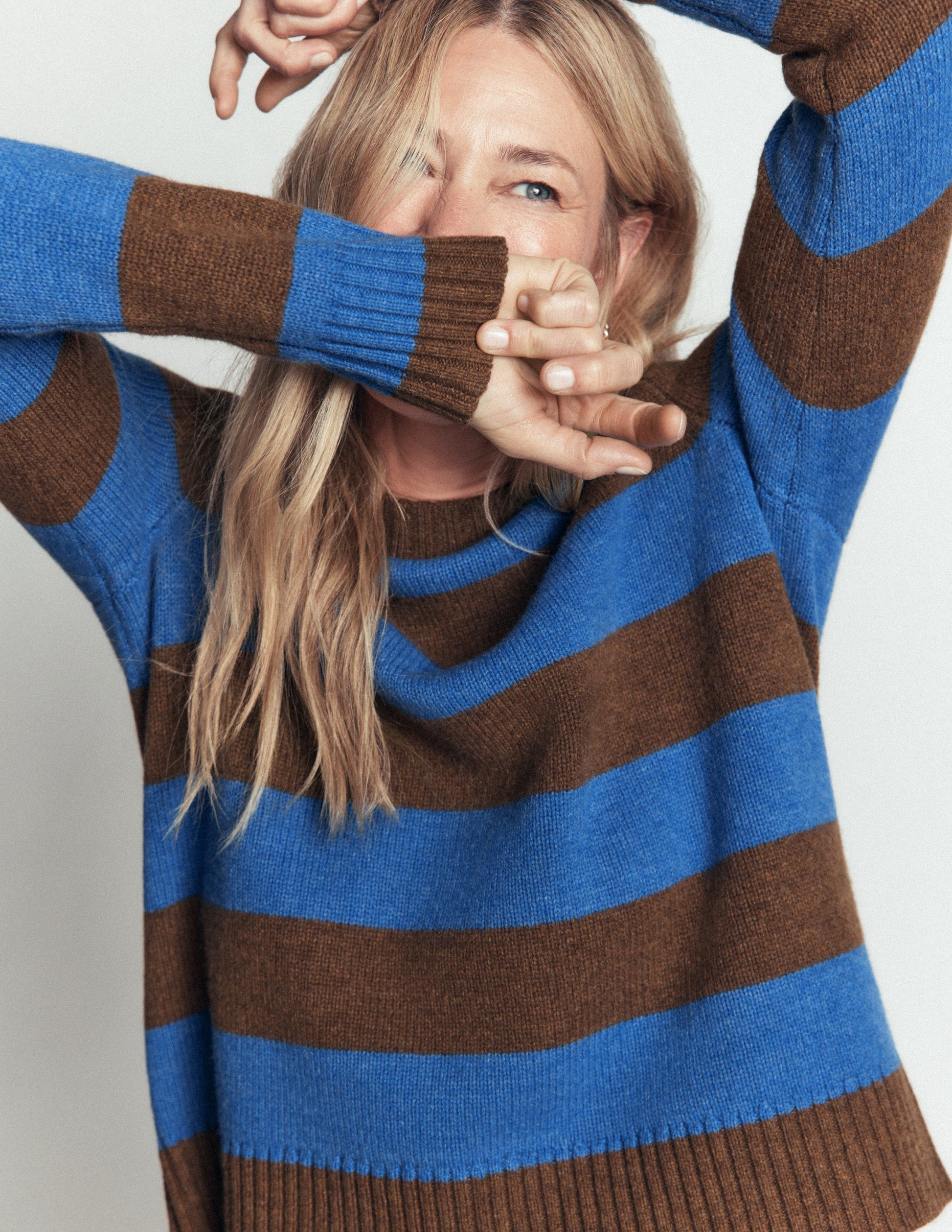 Marta Merino Wool Crew Jumper-Bitter Chocolate, Blue Stripe-5
