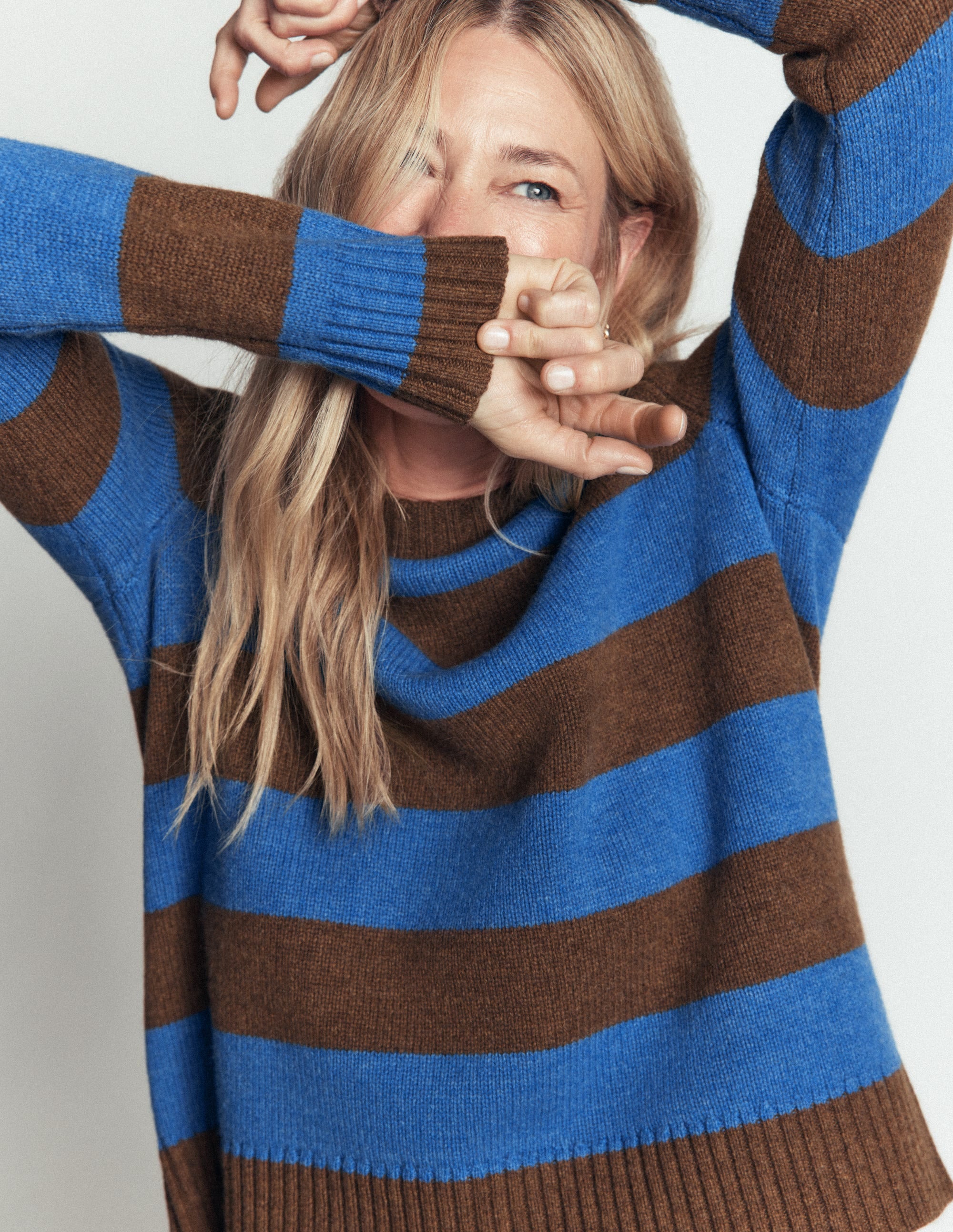 Marta Merino Wool Crew Jumper-Bitter Chocolate, Blue Stripe - Image 5