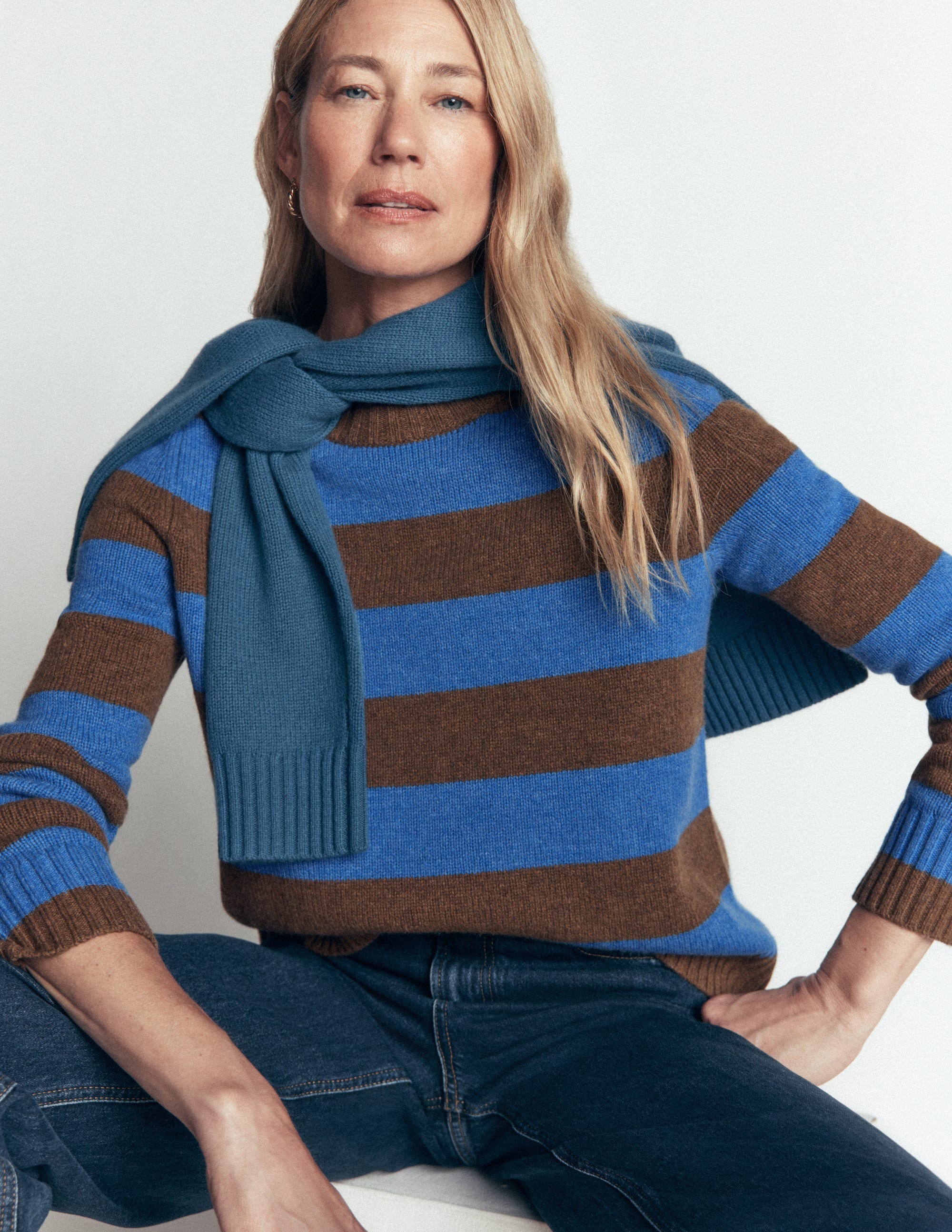Marta Merino Wool Crew Jumper-Bitter Chocolate, Blue Stripe - Image 6