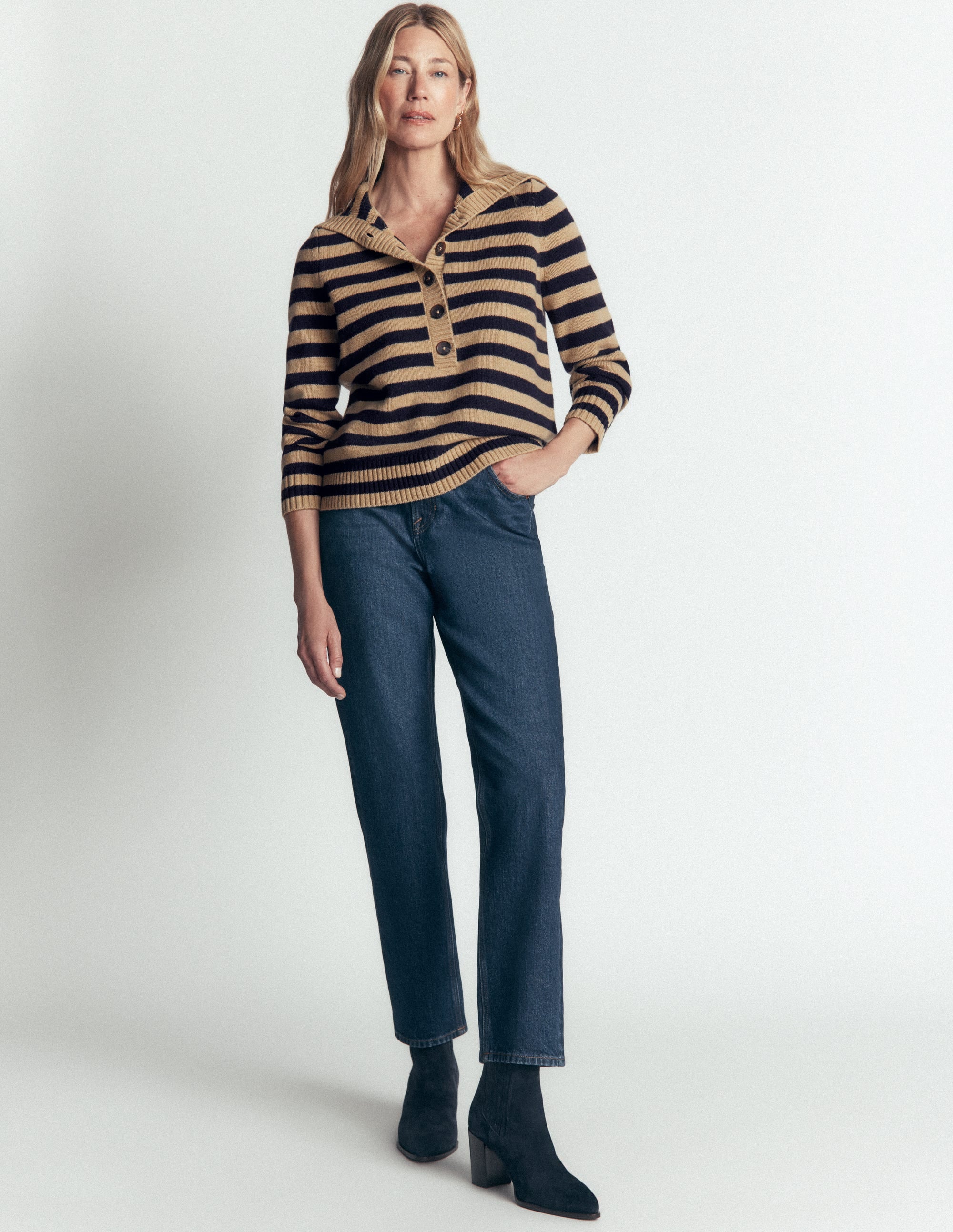 Marta Merino Wool Sailor Top-Camel, Navy Stripe - Image 5