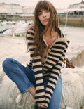 Marta Merino Wool Sailor Top-Camel, Navy Stripe