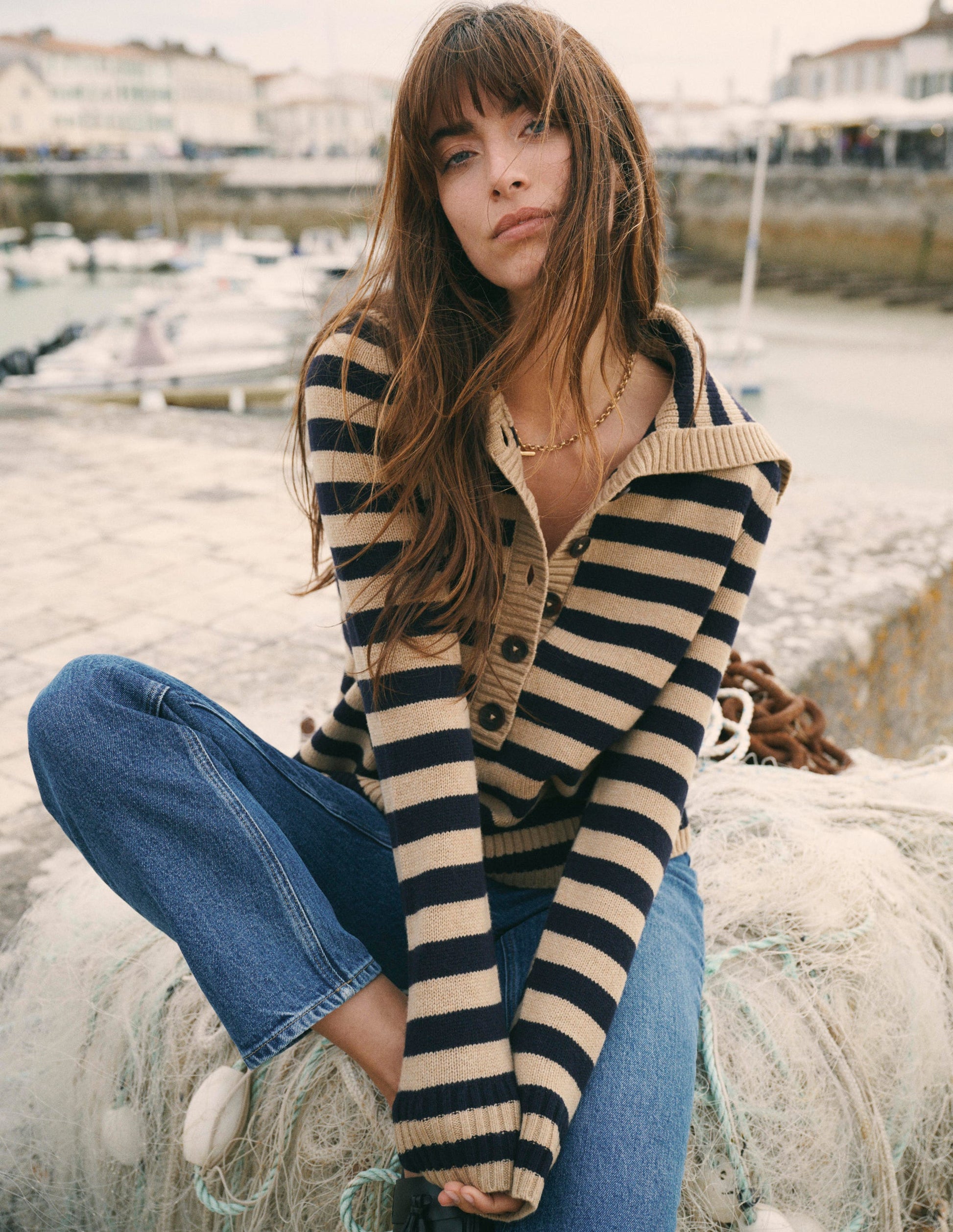 Marta Merino Wool Sailor Top-Camel, Navy Stripe-1