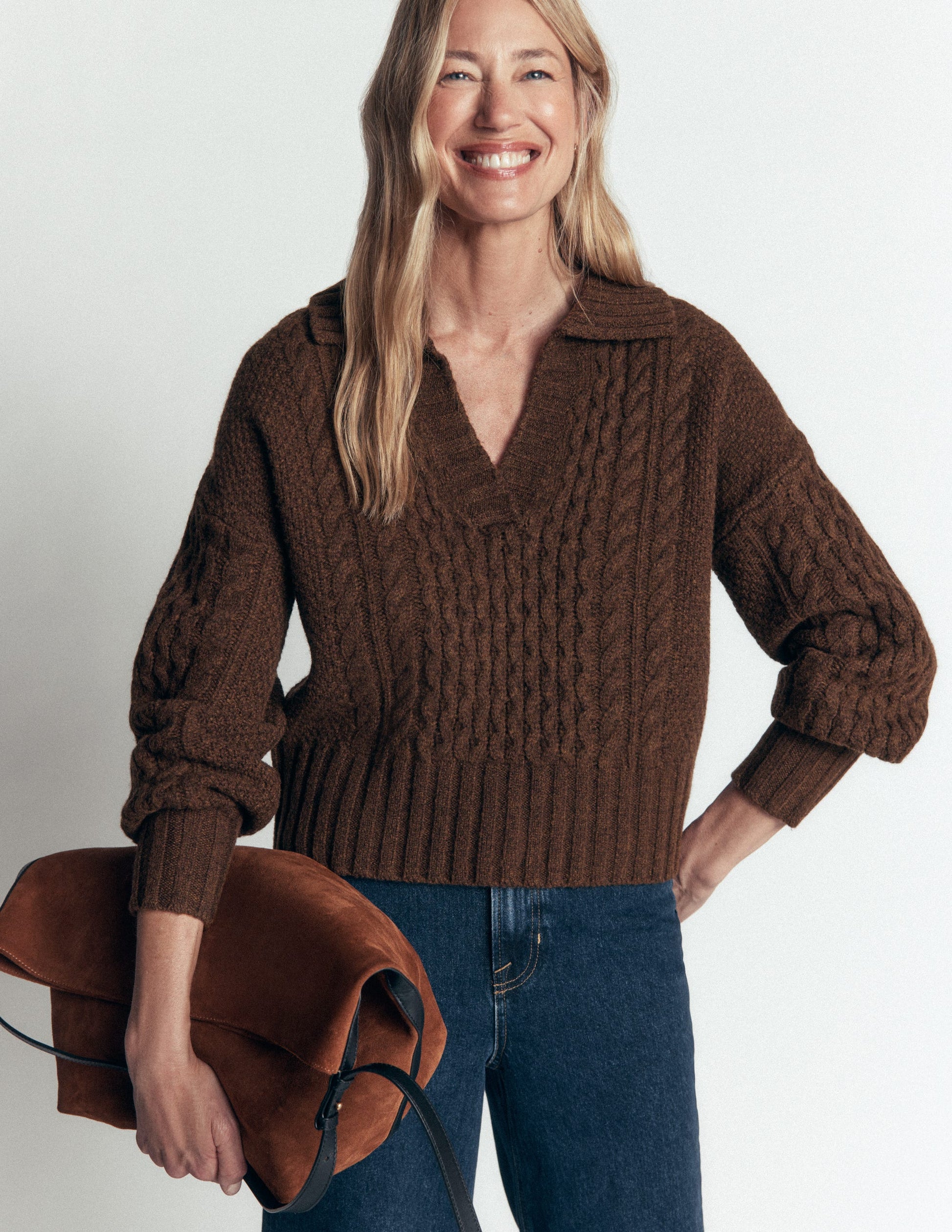 Collared Cable Knit Jumper-Raw Umber-2