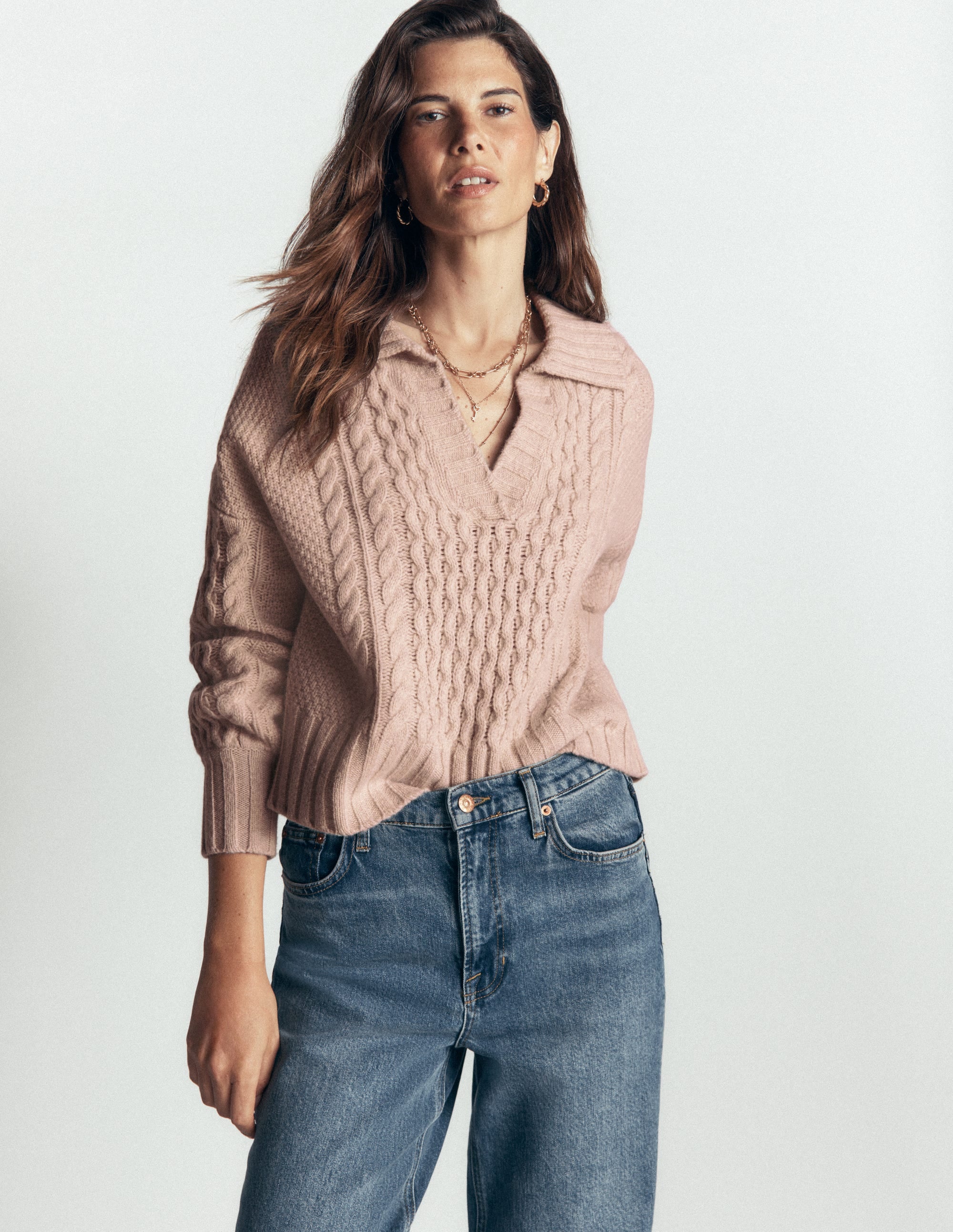 Collared Cable Knit Jumper-Oatmeal - Image 5