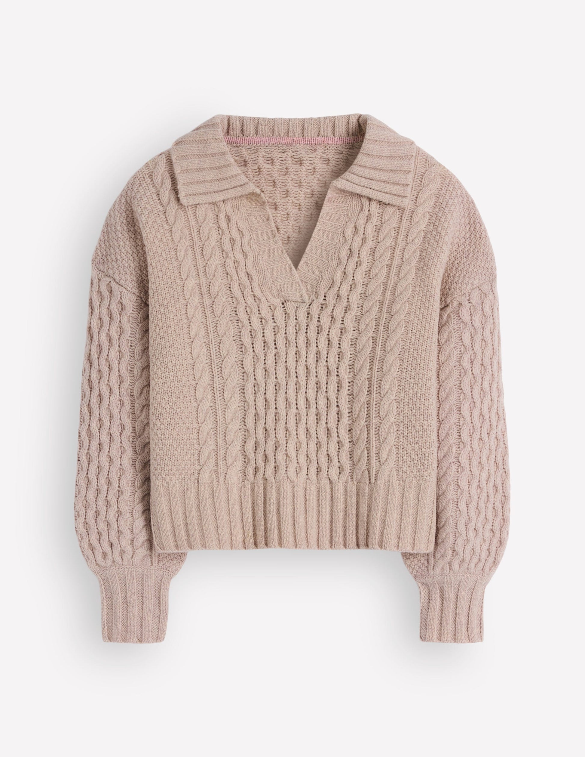 Collared Cable Knit Jumper-Oatmeal-7