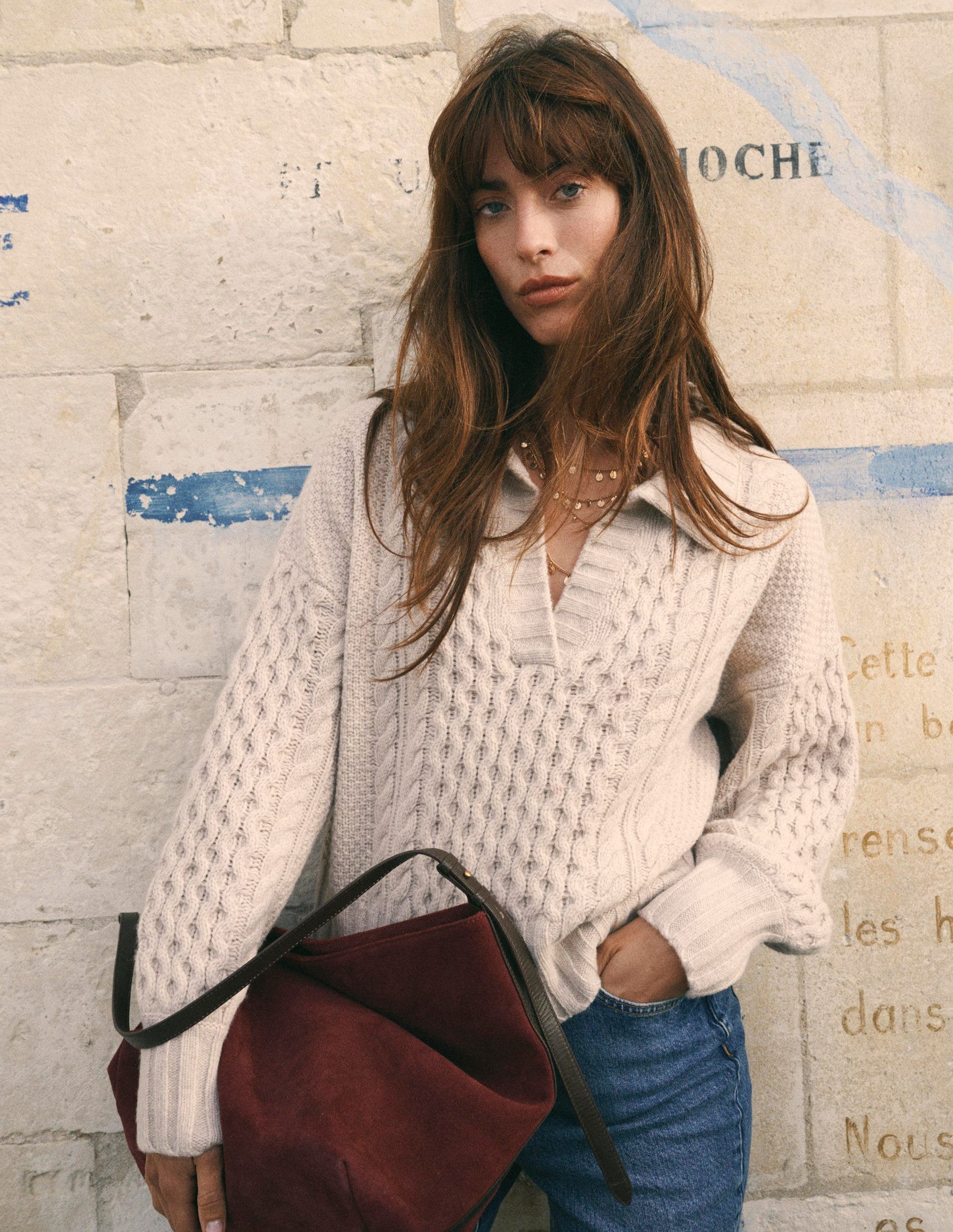 Collared Cable Knit Jumper-Oatmeal-1