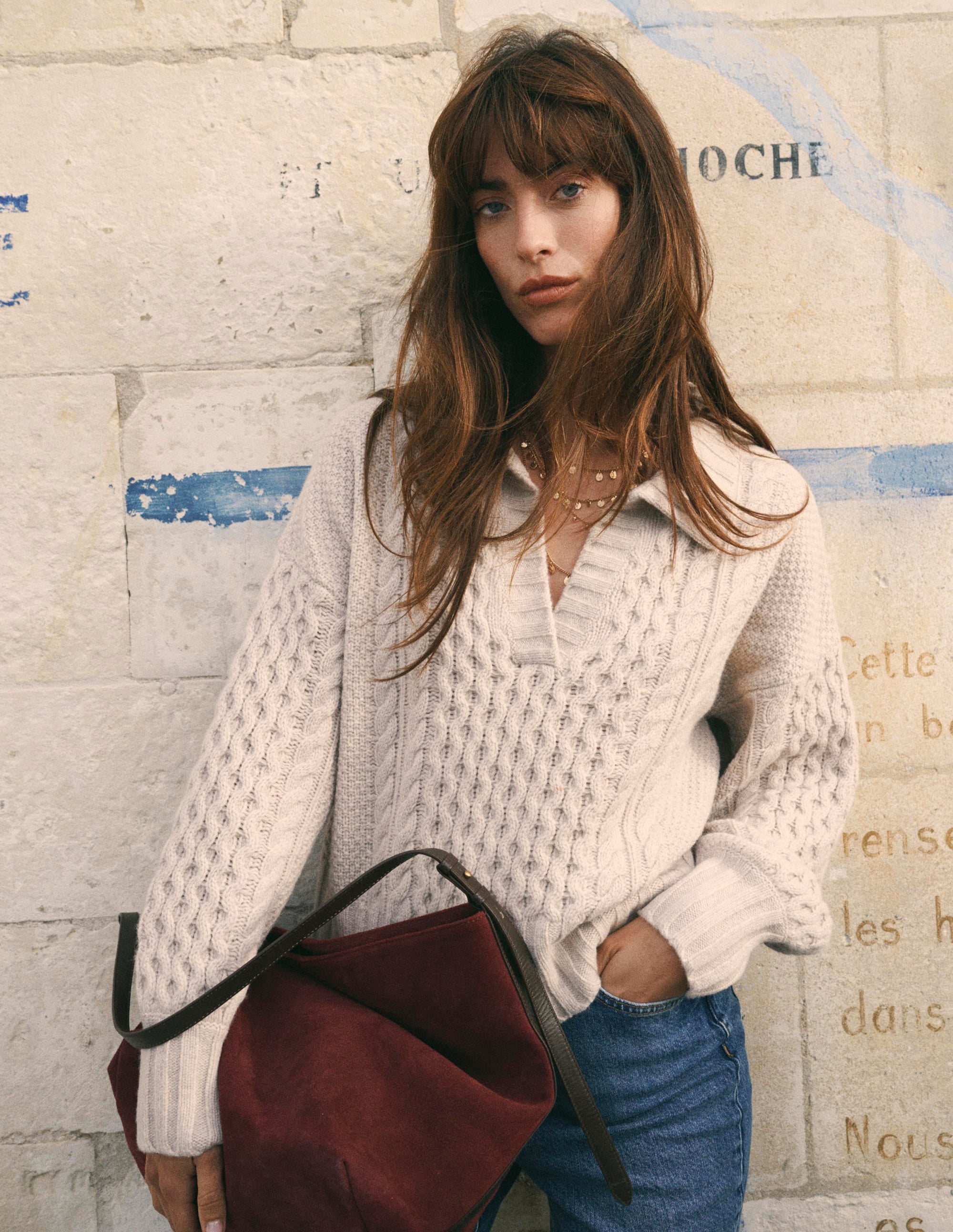 Collared Cable Knit Jumper-Oatmeal - Image 1