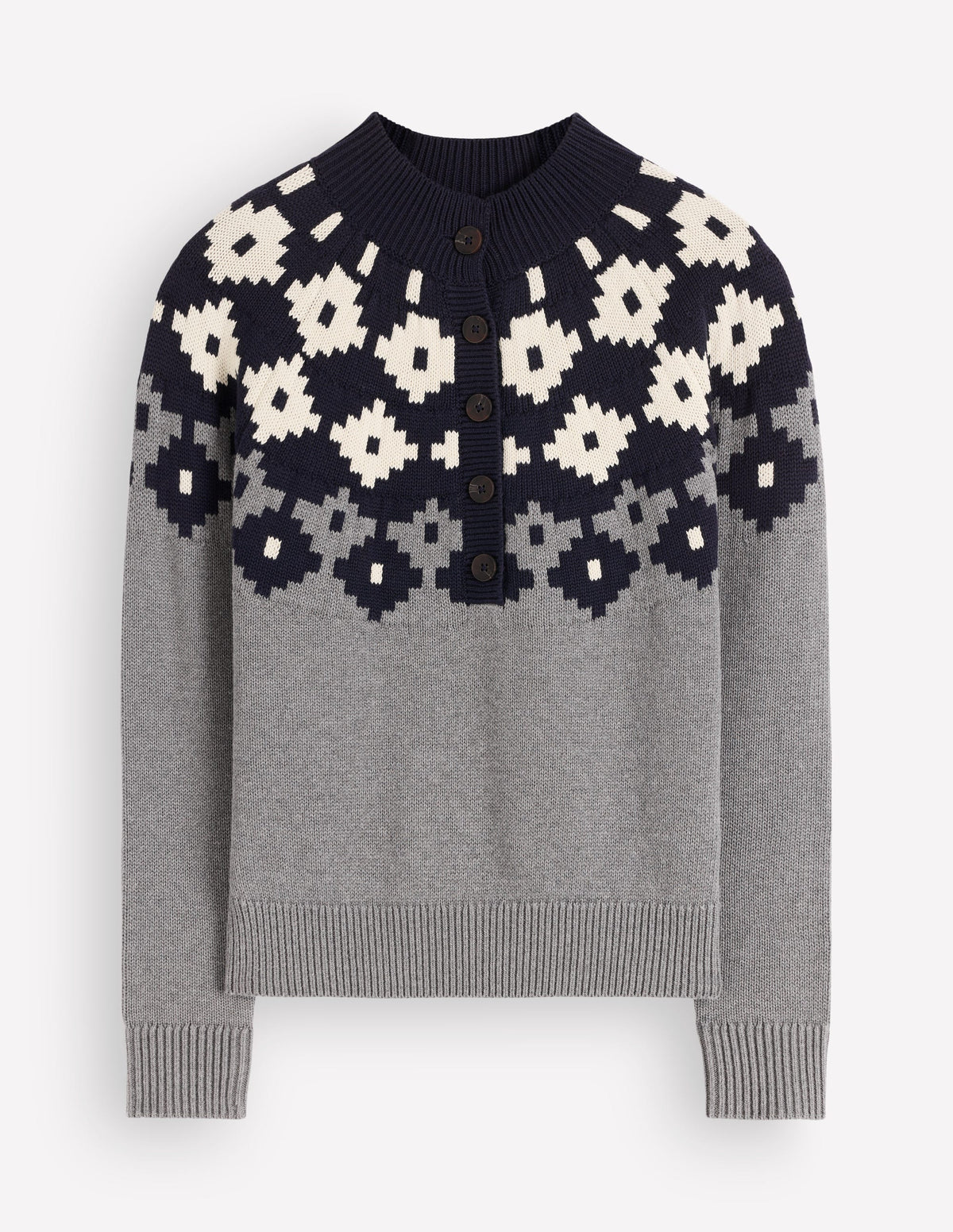 Lara Cotton Button Neck Jumper-Grey Marl, Fair Isle - Image 8
