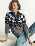 Lara Cotton Button Neck Jumper-Grey Marl, Fair Isle