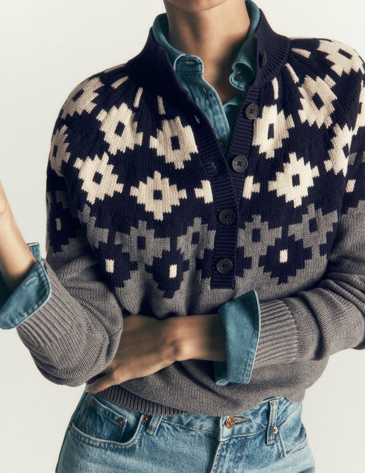 Lara Cotton Button Neck Jumper-Grey Marl, Fair Isle-2