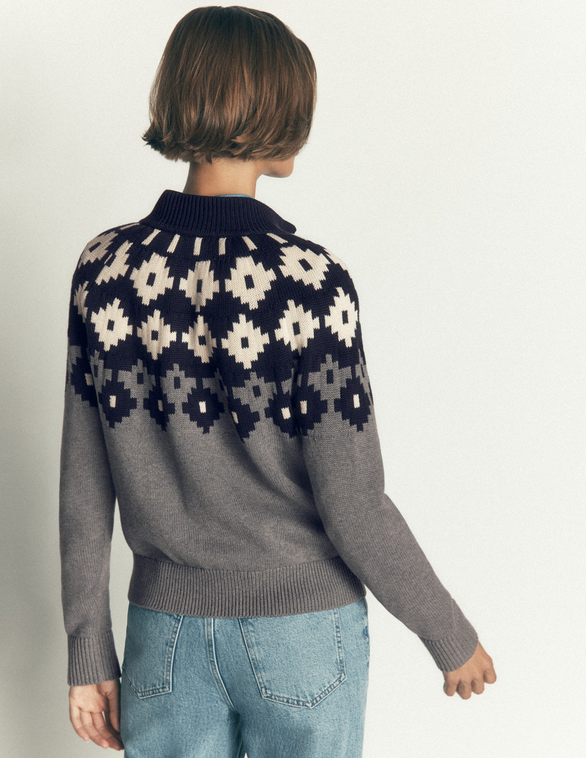 Lara Cotton Button Neck Jumper-Grey Marl, Fair Isle-3