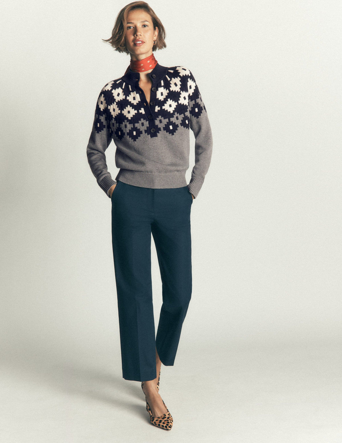 Lara Cotton Button Neck Jumper-Grey Marl, Fair Isle - Image 6