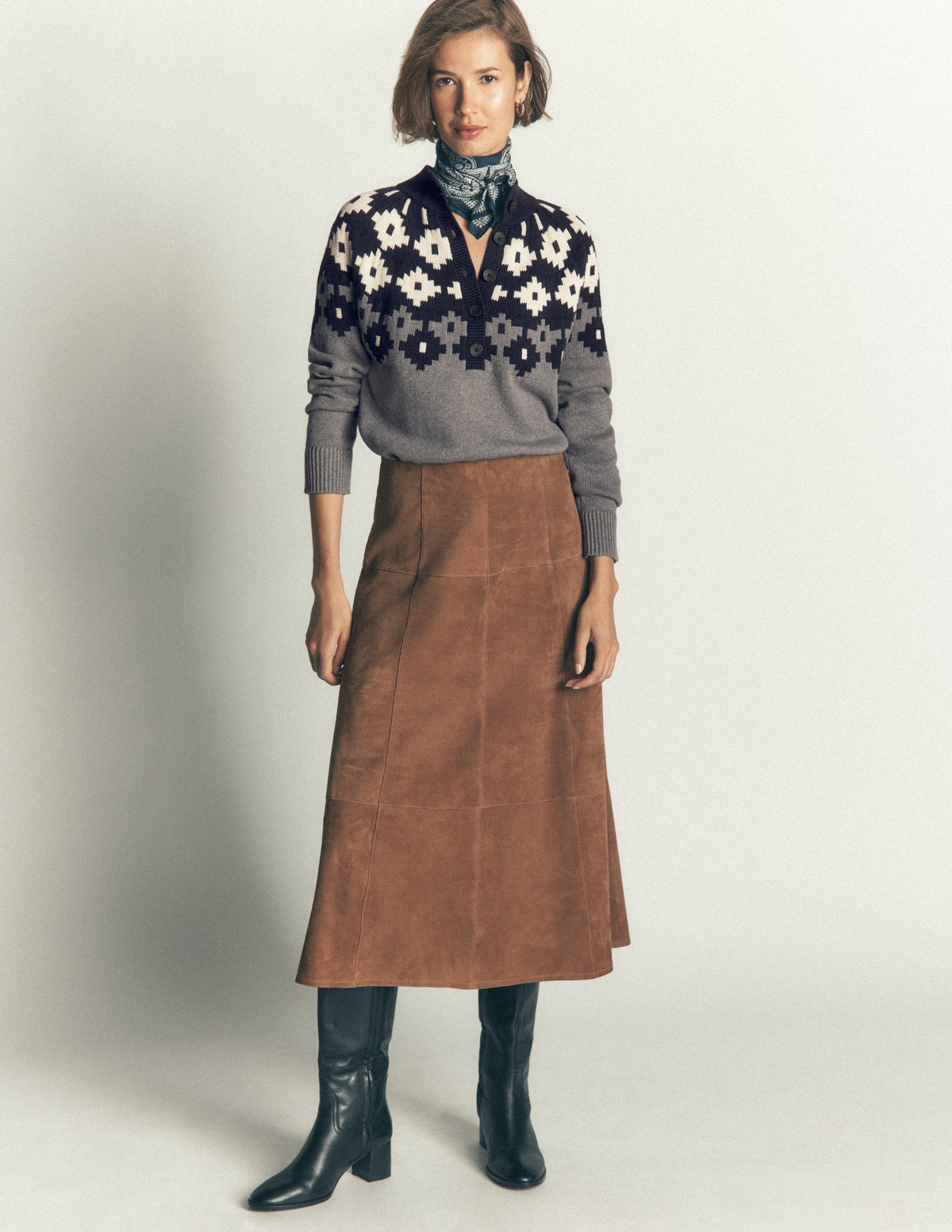 Lara Cotton Button Neck Jumper-Grey Marl, Fair Isle-7