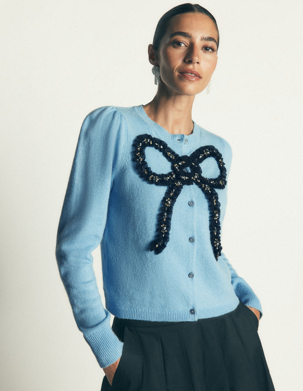 Ria Embellished Knit Cardigan-Blue, Bow-3