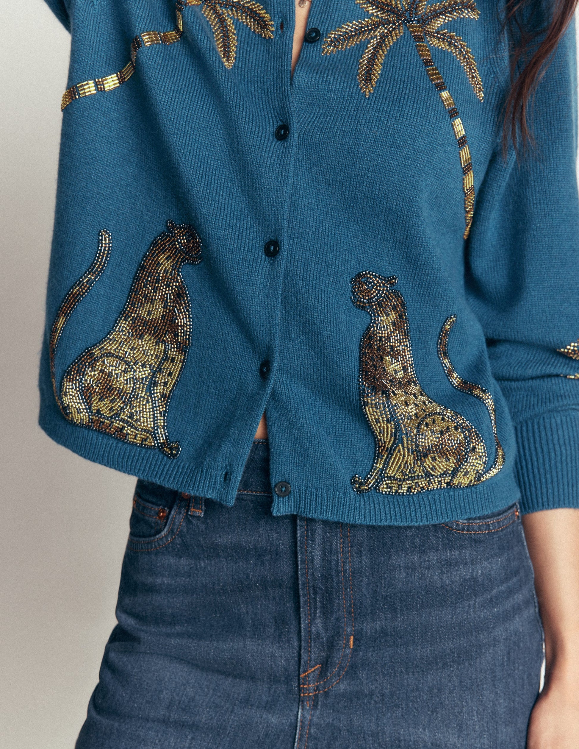 Ria Embellished Knit Cardigan-Blue, Palm-3