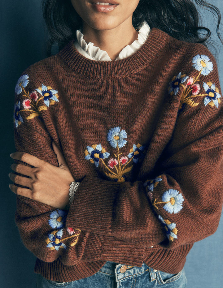 Ella Embroidered Knit Jumper-Raw Umber, Floral