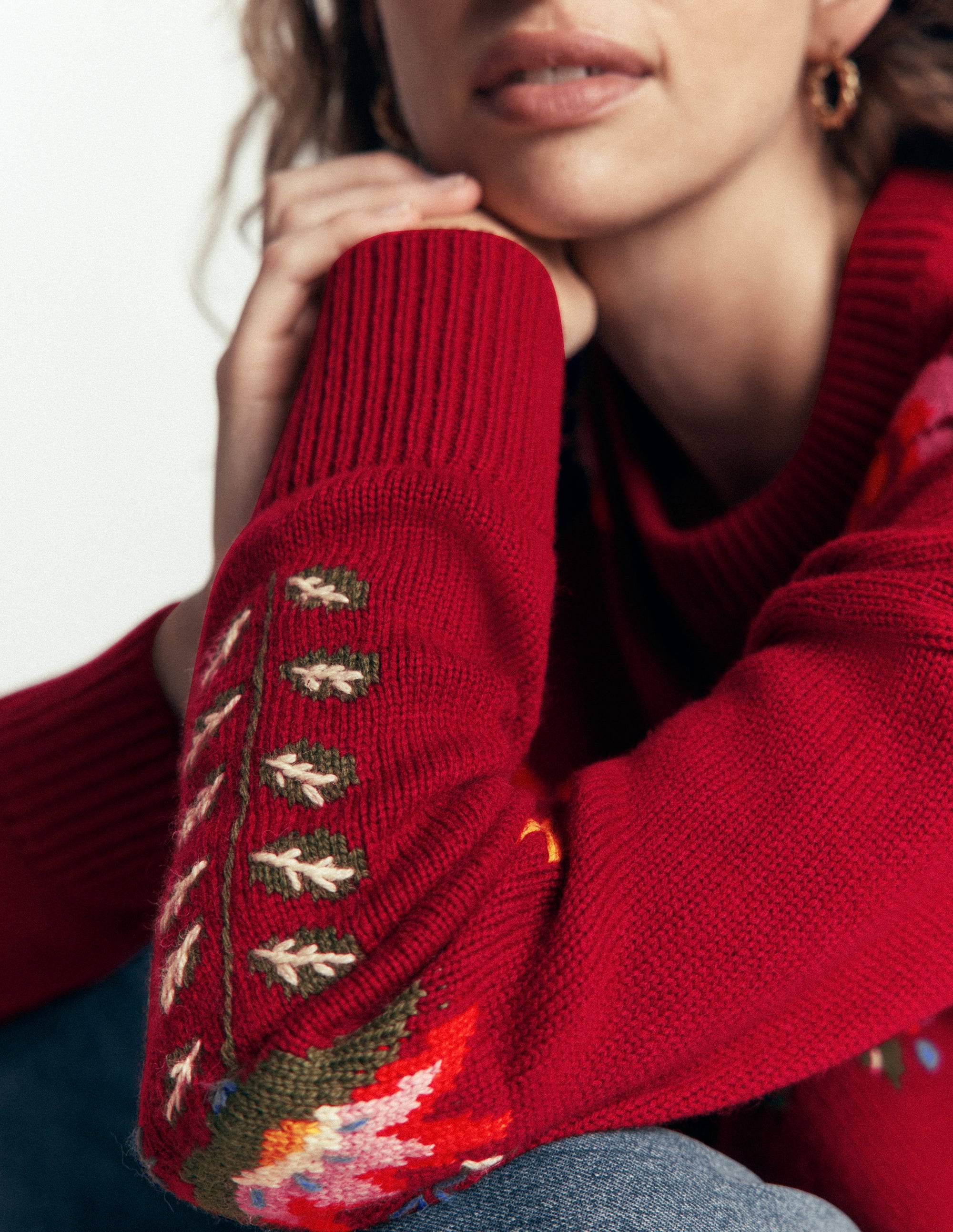 Ella Embroidered Knit Jumper-Crimson Red Embroidery - Image 2