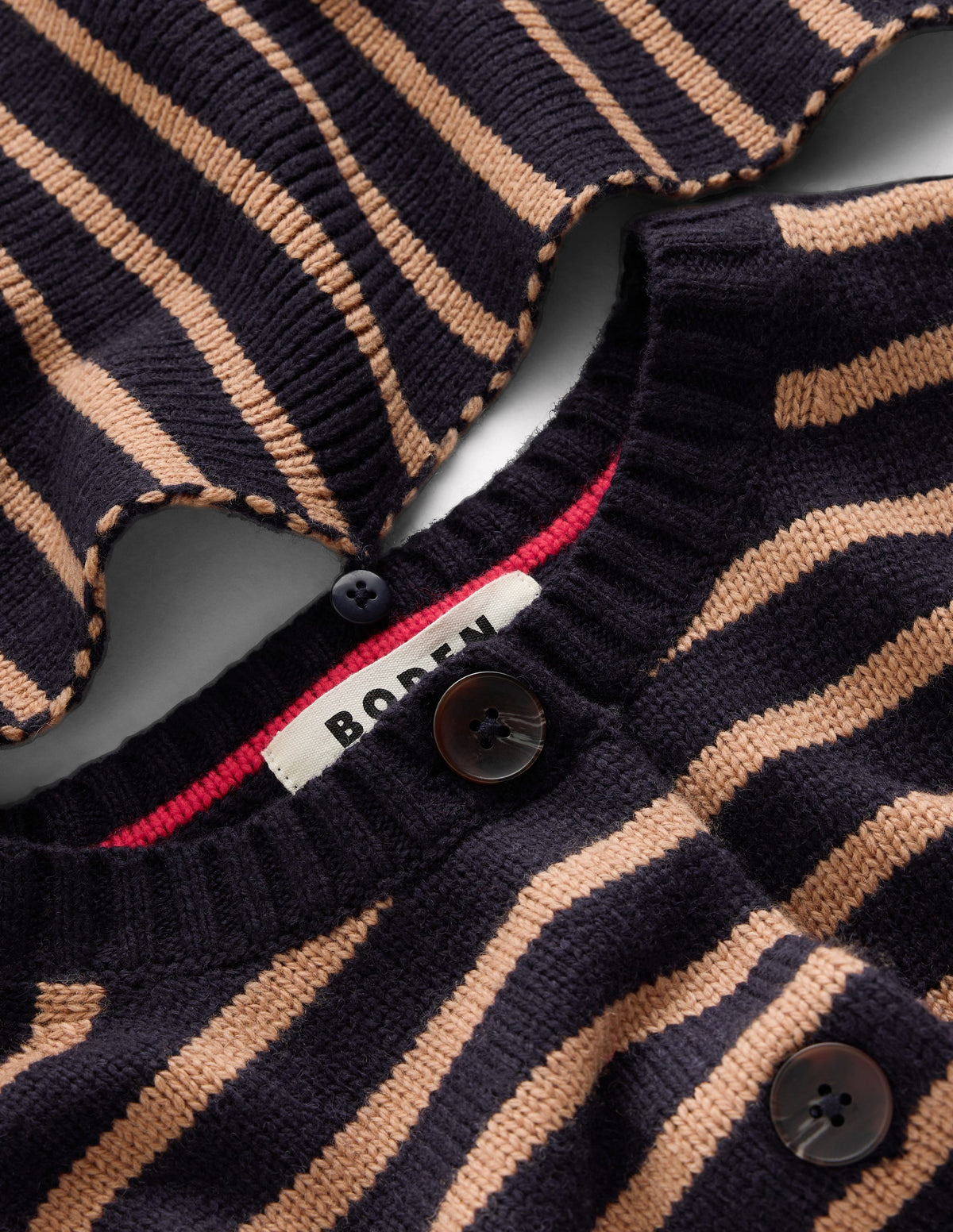 Lydia Tie Neck Knit Cardigan-Camel Melange, Navy Stripe - Image 7