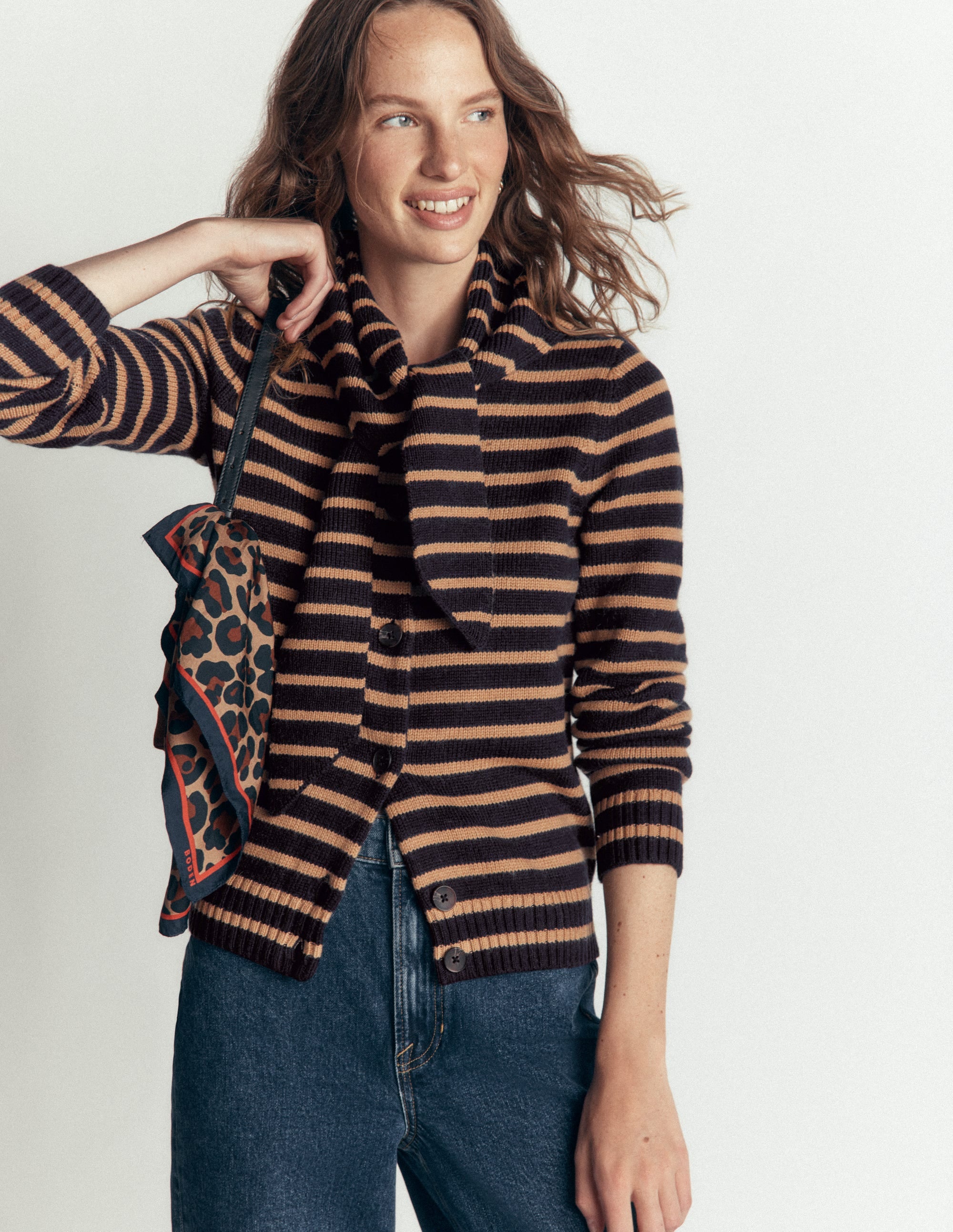 Lydia Tie Neck Knit Cardigan-Camel Melange, Navy Stripe - Image 1