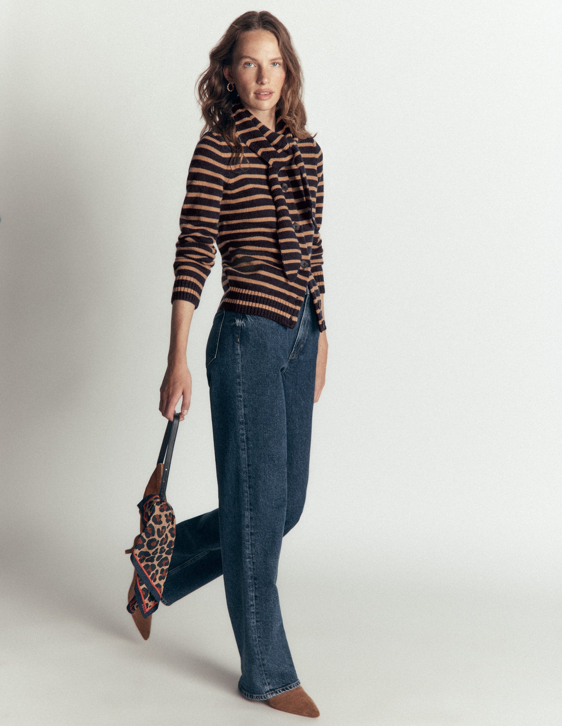 Lydia Tie Neck Knit Cardigan-Camel Melange, Navy Stripe-4