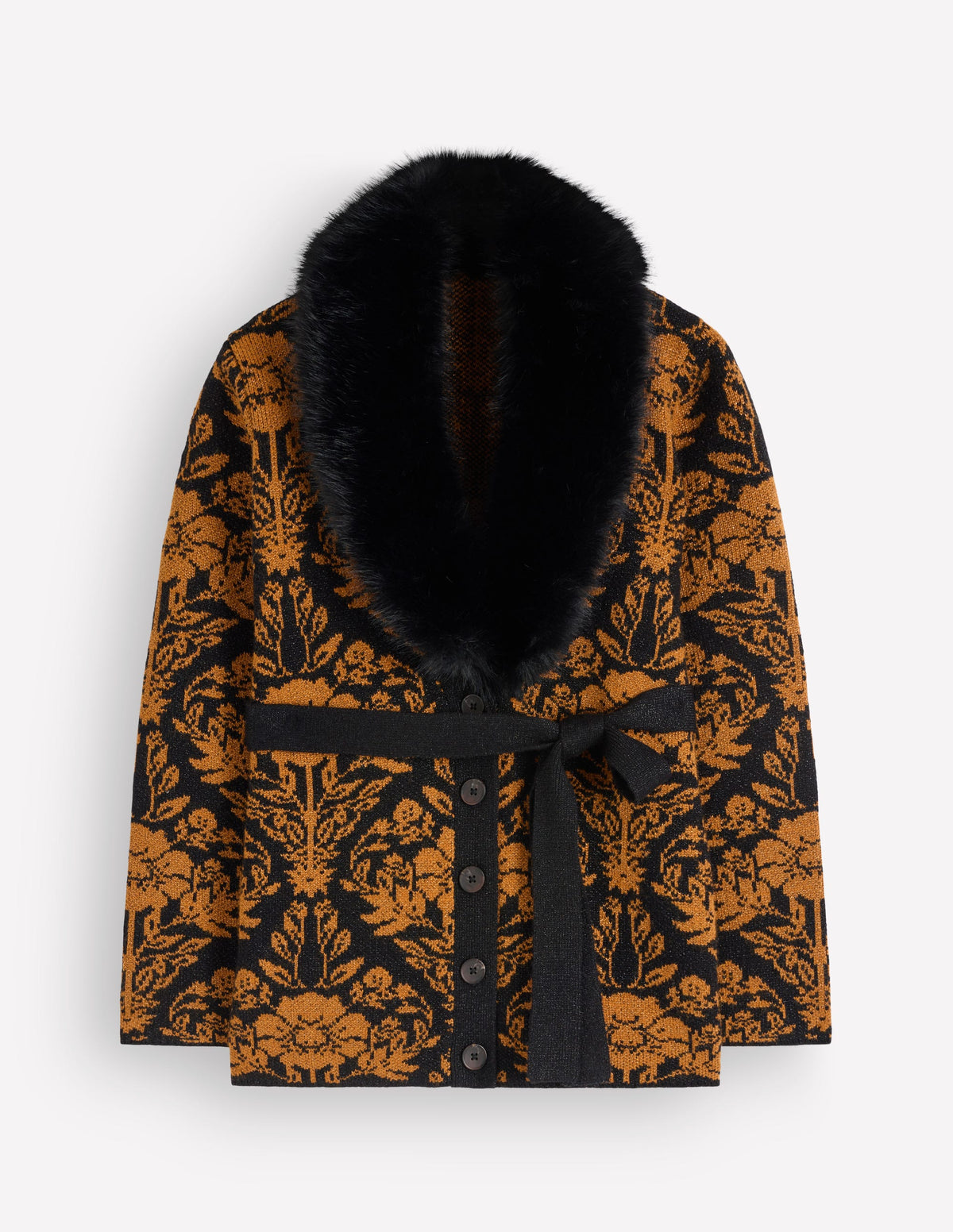 Belted Wrap Knitted Cardigan-Metallic Black Gold Jacquard - Image 6