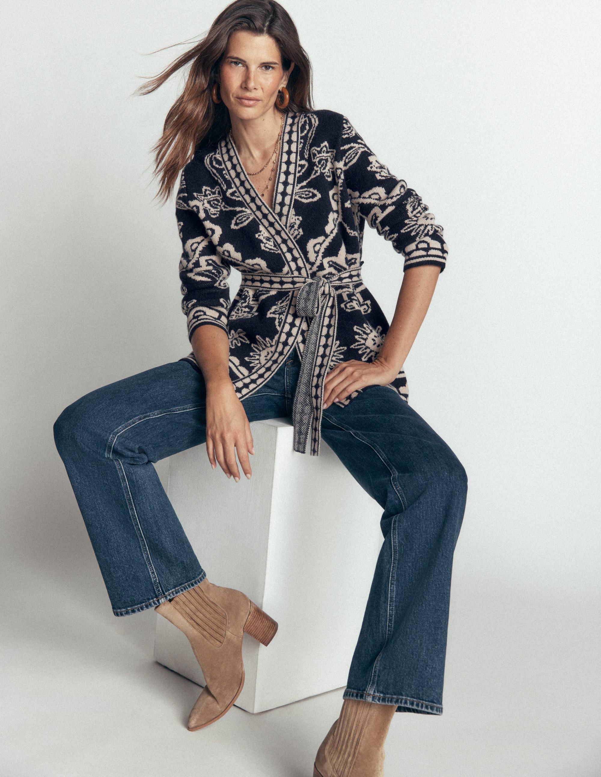 Belted Wrap Knitted Cardigan-Navy - Image 1