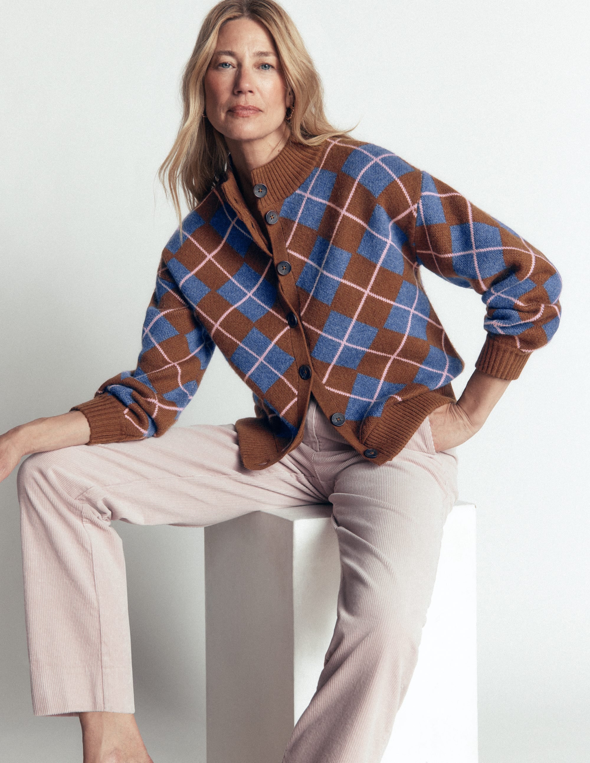 Jemma Jacquard Knit Cardigan-Raw Umber, Argyle - Image 2