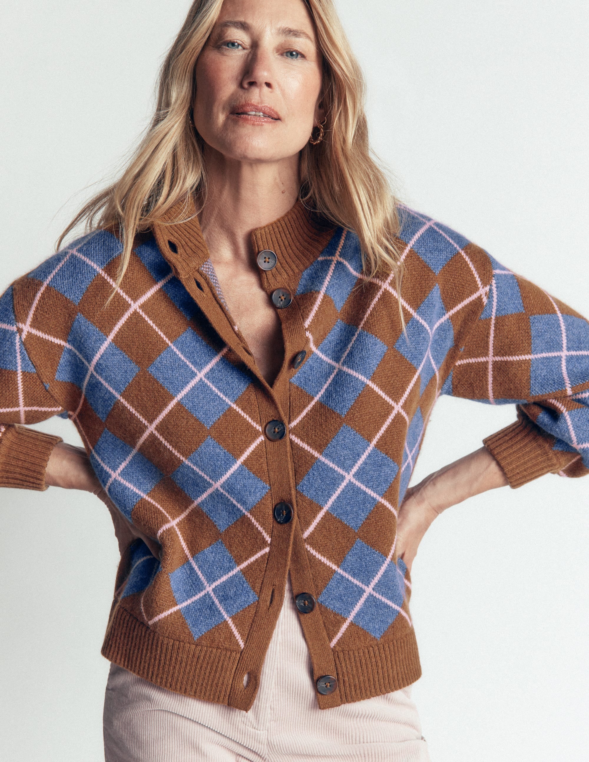 Jemma Jacquard Knit Cardigan-Raw Umber, Argyle - Image 5