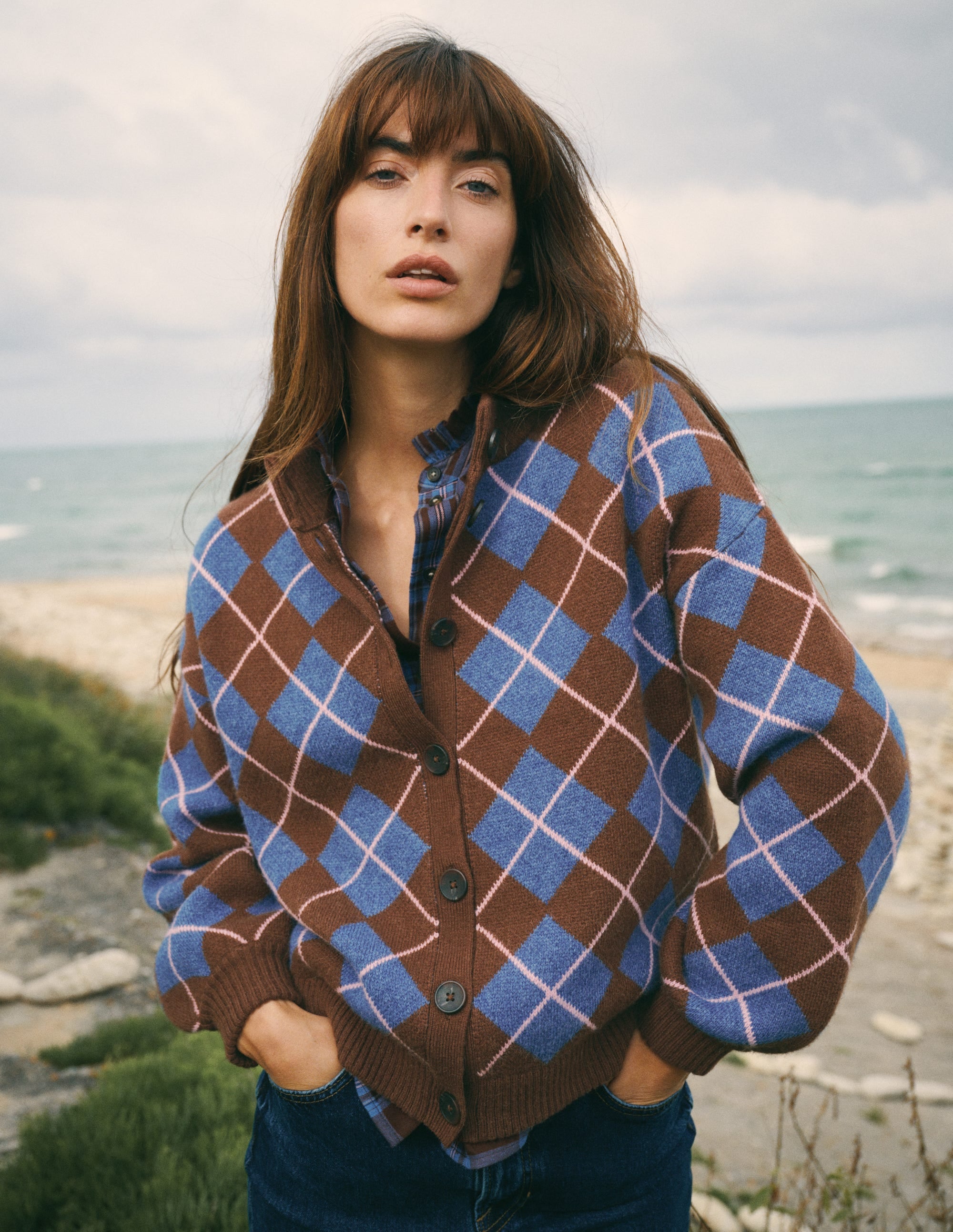 Jemma Jacquard Knit Cardigan-Raw Umber, Argyle - Image 1