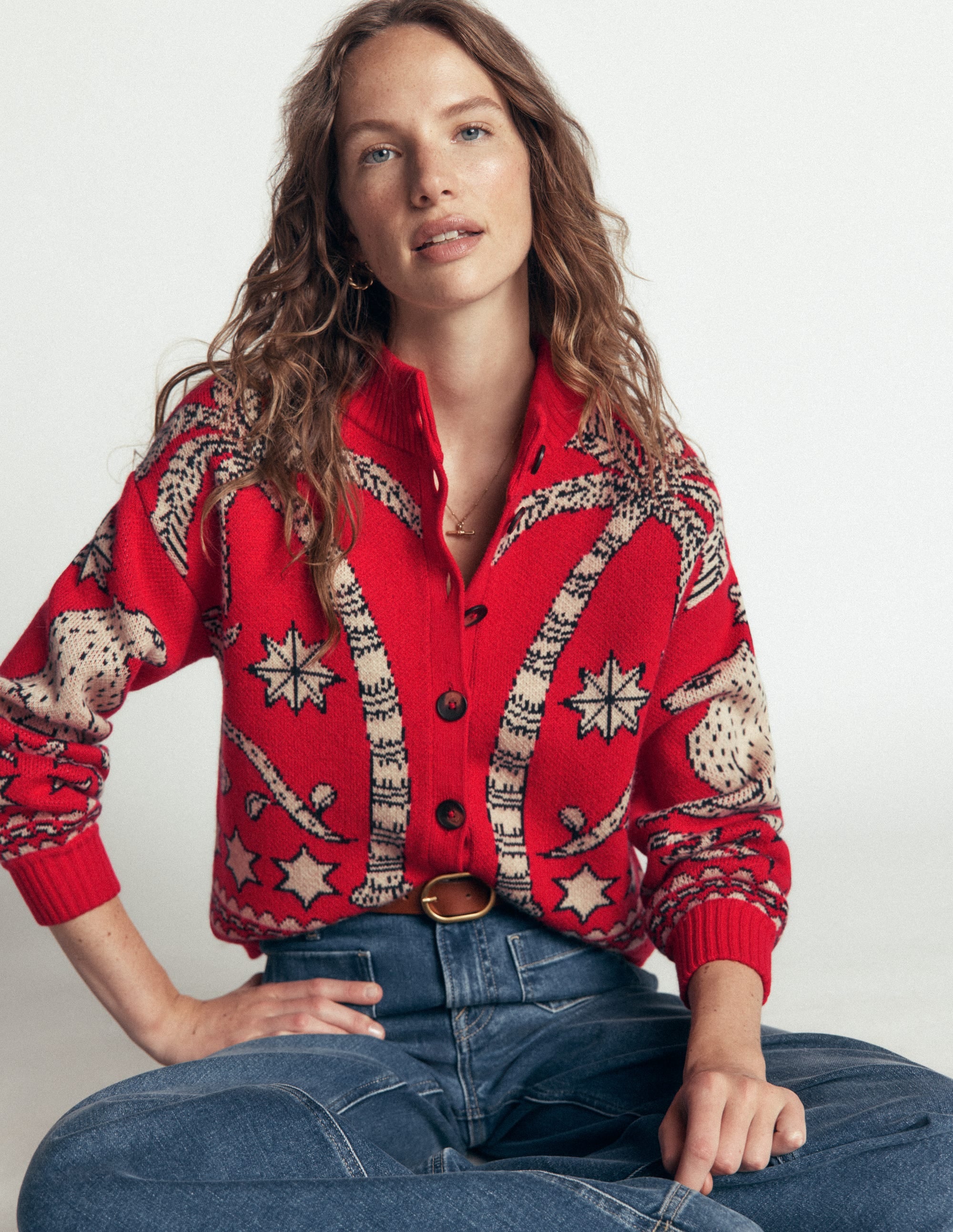 Jemma Jacquard Knit Cardigan-Merida Red Palm Tree - Image 2