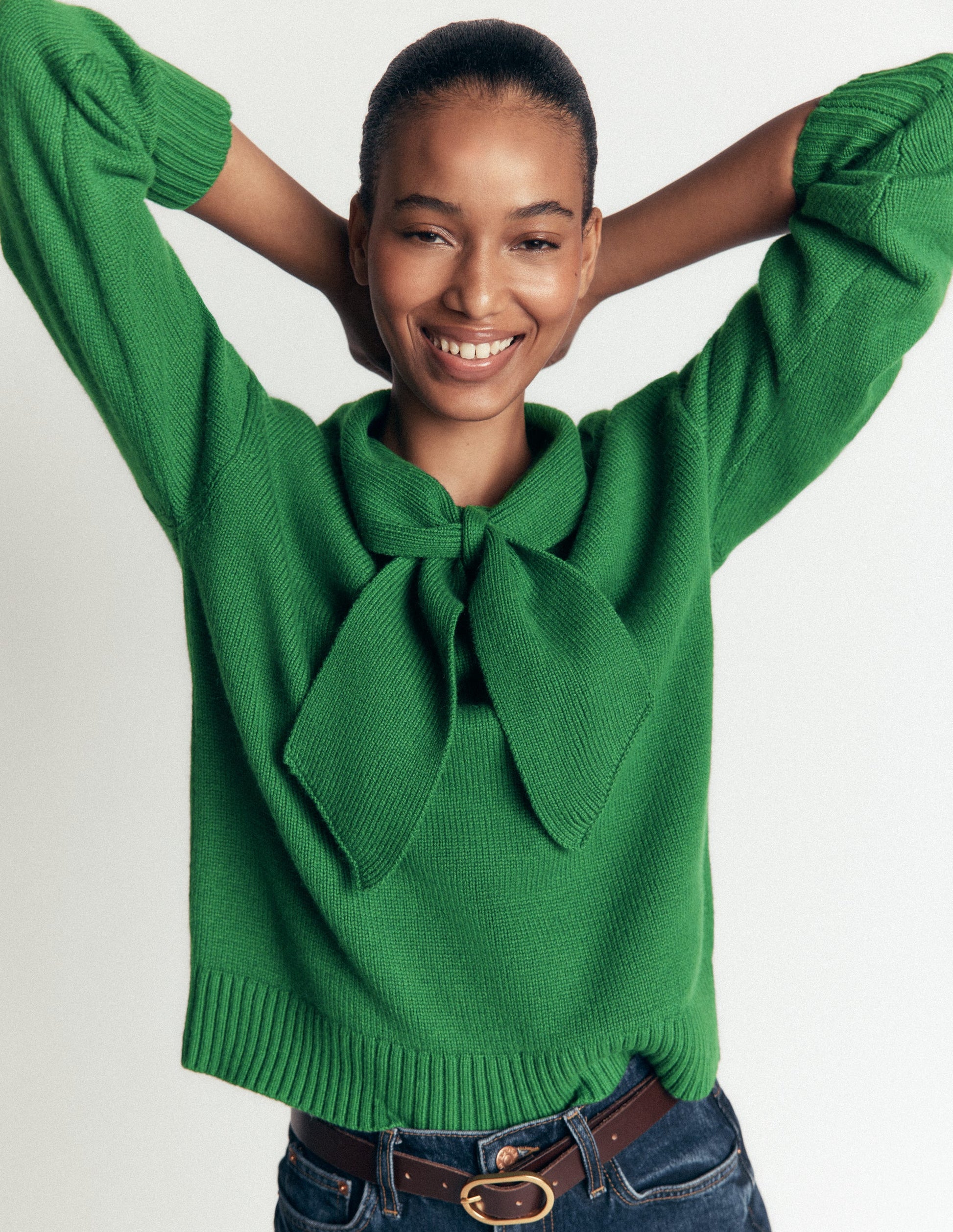 Lydia Tie Neck Knitted Jumper-Hunter Green Melange-1