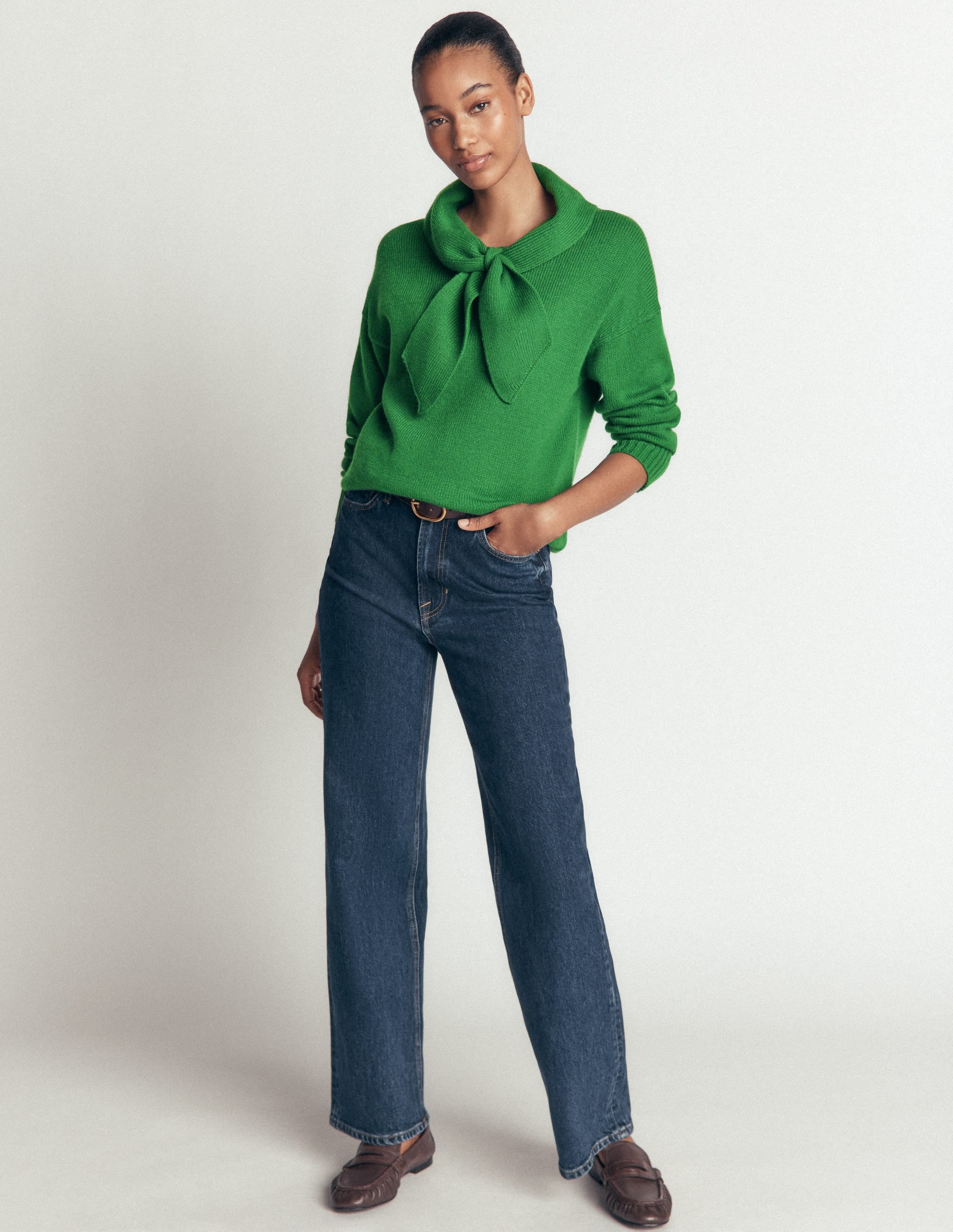 Lydia Tie Neck Knitted Jumper-Hunter Green Melange - Image 4