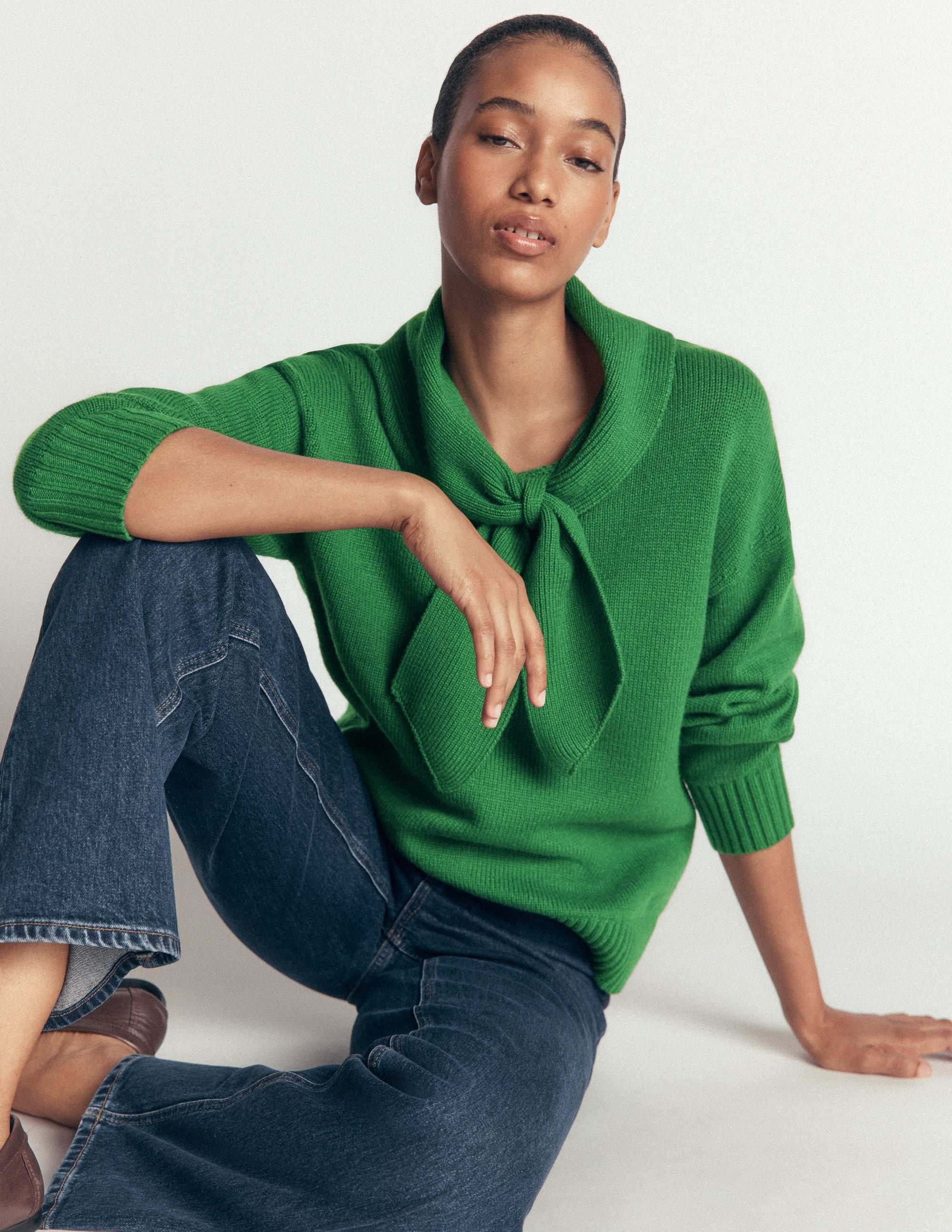 Lydia Tie Neck Knitted Jumper-Hunter Green Melange - Image 5